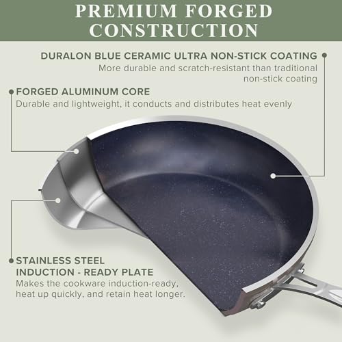 Nuwave Healthy Duralon Blue Ceramic Nonstick Cookware Set, Diamond Infused Scratch-Resistant, PFAS Free, Dishwasher & Oven Safe, Induction Ready & Evenly Heats, Tempered Glass Lids & Stay-Cool Handles