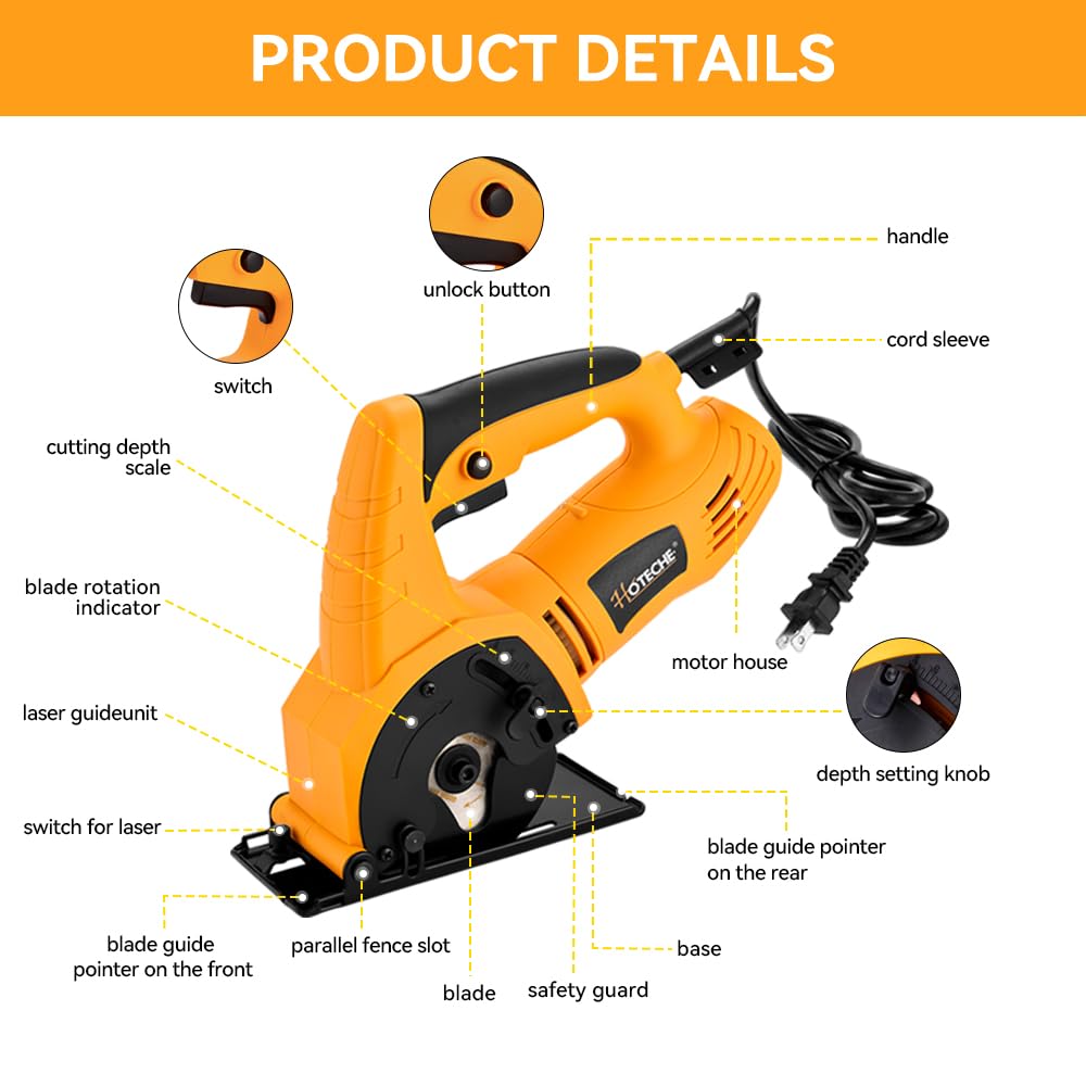 Hoteche 3-3/8-Inch Mini Circular Saw 5A Multifunctional Portable Saw with 3pcs Blades for Metal, Wood and Tile Cutting