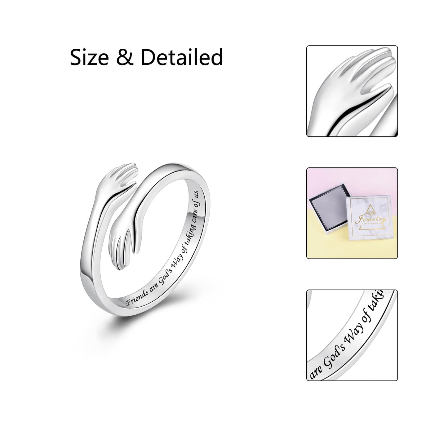 ACJFA S925 Sterling Silver Hug Ring for Women Adjustable Thumb Ring Birthday Gifts (Friends are God's Way of taking care of us)