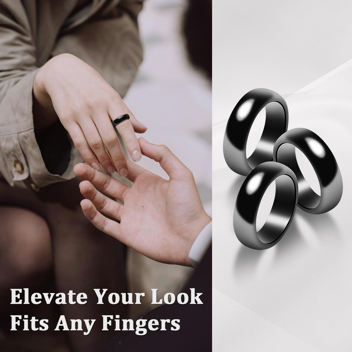 Fashtour Genuine Magnetic Hematite Rings, 3 Pack, Black, 6mm Wide, Polished, for Men and Women, Anxiety Relief, Root Chakra Balancing(Size 11#)