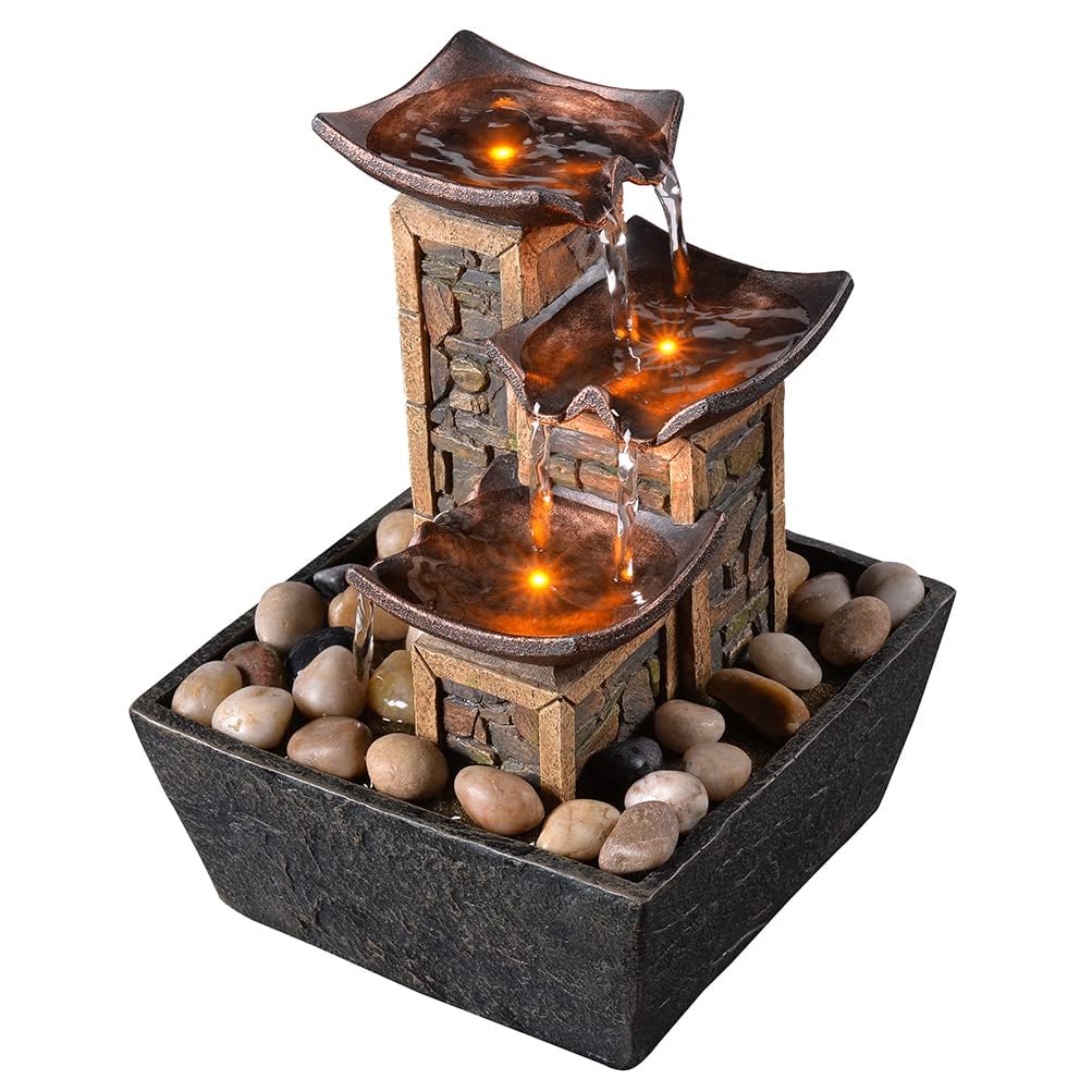 GOSSI Home Décor 10.3 in Indoor Waterfall Fountain Relaxation High Pressure Water Pumps Tabletop Fountain Nature Feeling Water Fountains with Reflective Lighting/River Rocks Home/Office Decoration