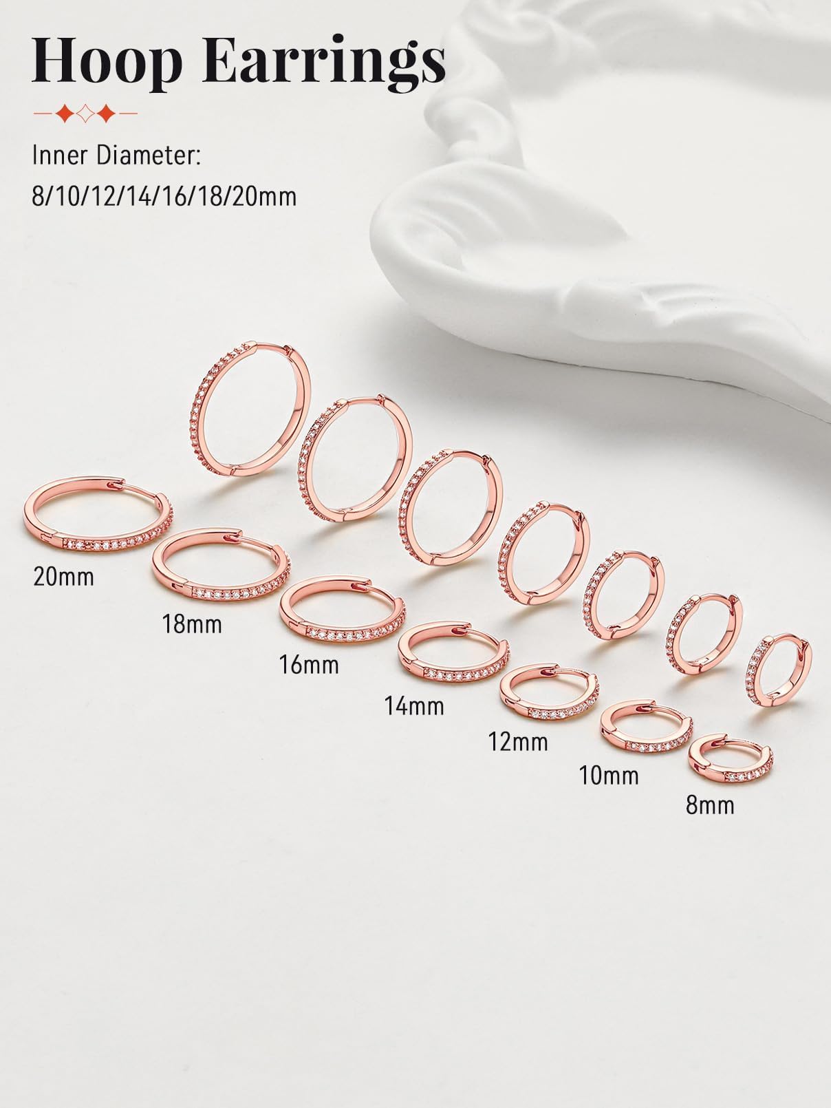 FaithHeart Cubic Zirconia Hoop Earrings for Women, Rose Gold Hypoallergenic Huggie Hoop Earrings, Small Cartilage Earrings for Women 8mm, Send Gift Box
