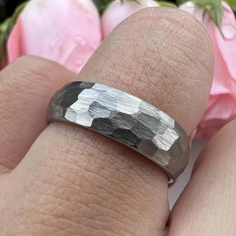 TUTISS 6mm Hammered Tungsten Carbide Rings for Men Women Engagement Wedding Bands Domed I Love You Engraved Comfort Fit Size 9