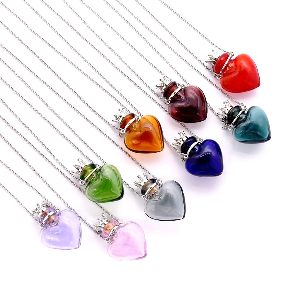 Glaze Glass Heart-Shaped Refillable Essential Oil Necklace Pendant - Aromatherapy Perfume Diffuser Pendant with Stainless Steel Chain (Grey)