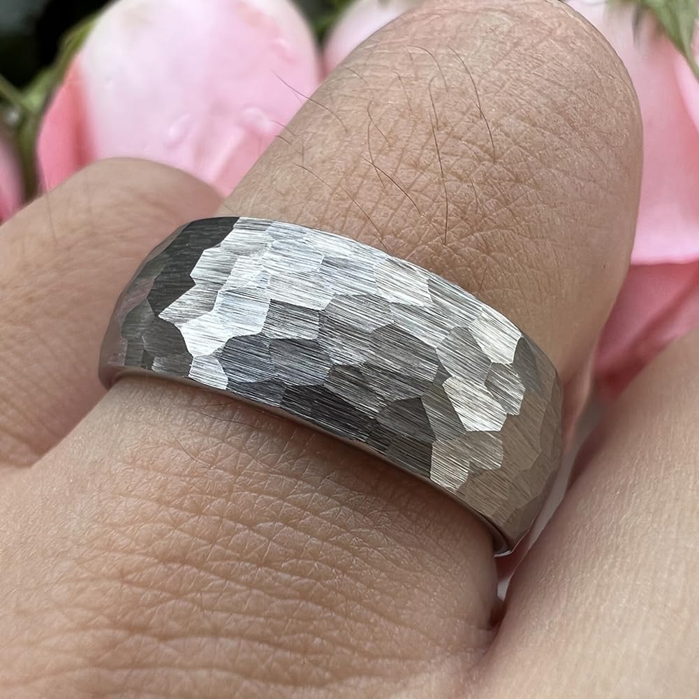 TUTISS 8mm Hammered Tungsten Carbide Rings for Men Women Engagement Wedding Bands Domed I Love You Engraved Comfort Fit Size 9.5