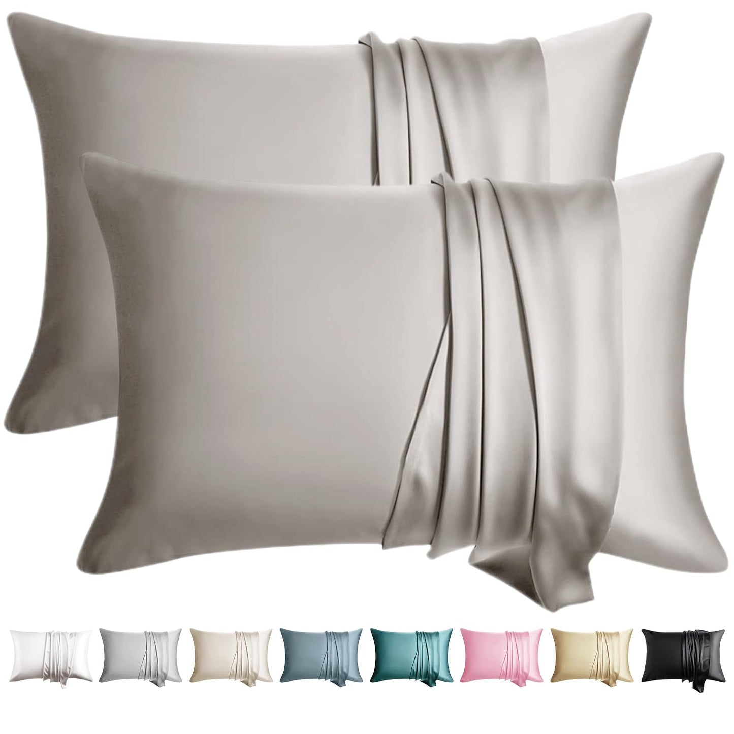 100% Silk Pillow Cases 2 Pack King Size Mulberry Silk Pillowcase for Hair and Skin Set of 2 Highest Grade 6A Silk Soft Breathable Cooling with Hidden Zipper, Taupe