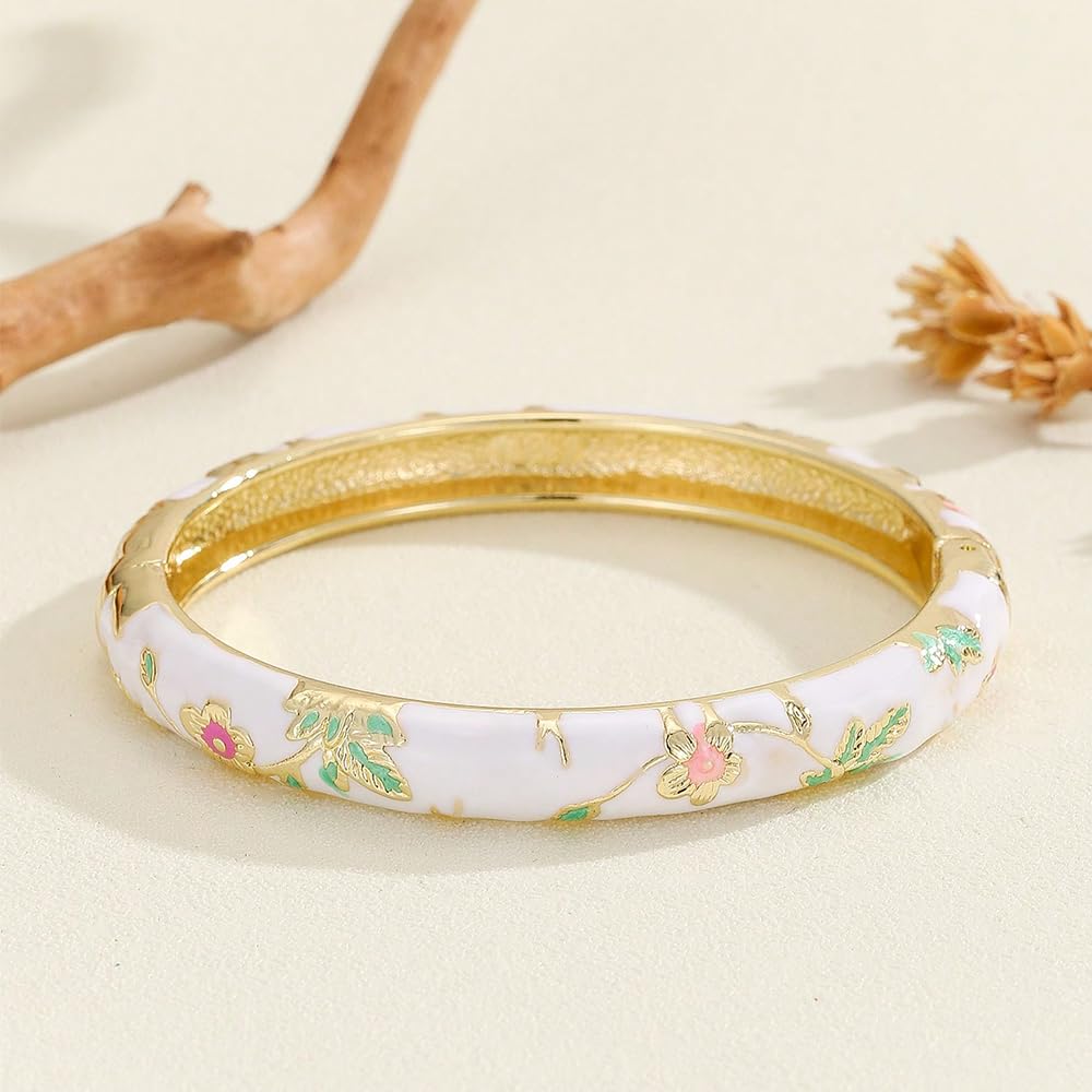 BlingNook Cloisonne Bracelet For Women, Chunky Bangle Trendy Cute Flower Enamel Bangles Multi Tone Engraved Cuff Gold Plated Bracelets Stackable Wife Jewelry Friendship Gift (White, One Size)