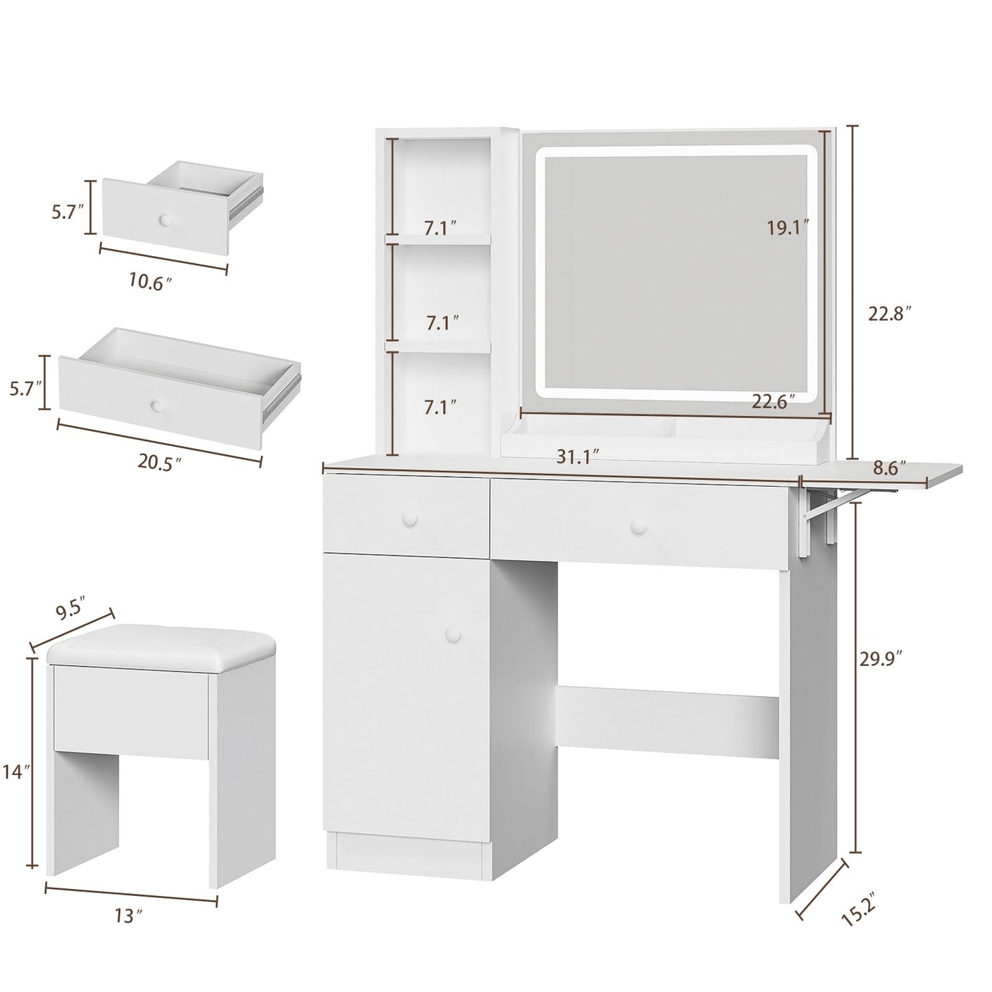 Haewon White Vanity Desk with Mirror and Lights, Makeup Vanity with Charging Station and 3 Lighting Modes, Dressing Table Set with Storage Cabinet, Drawers and Chair for Girls Bedroom