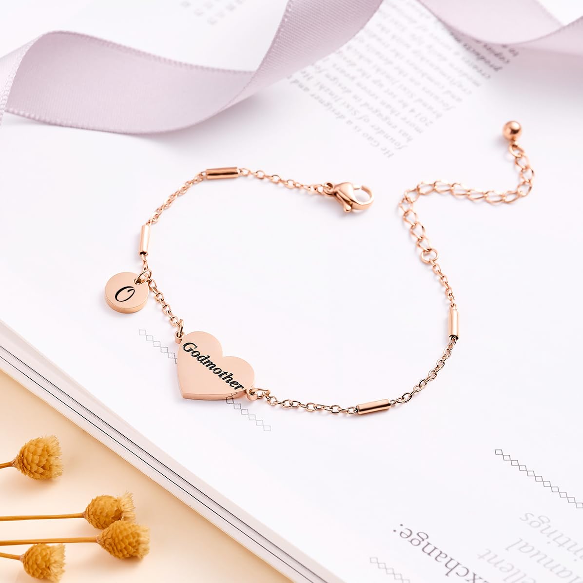 CHENVA Godmother Gifts Initial Bracelet Bangle for Women Gift for Godmother from Goddaughter (Godmother Bracelet-O-Rose Gold)