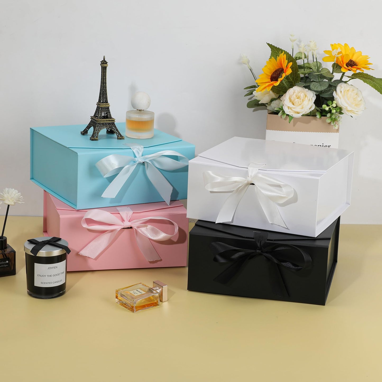 OEMVALATY 8-Pack Gift Boxes,9x9x4 Inch Magnetic Gift Boxes with Lids for Presents,White with Ribbon, Bridesmaid Proposal Box for Wedding, Storage, Birthday