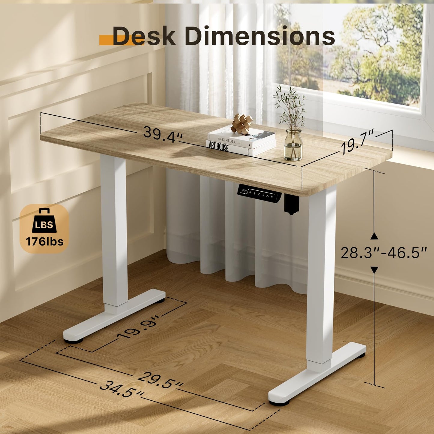 JOY worker Small Electric Standing Desk, 40" x 20" Whole Piece Height Adjustable Table with Memory Controller, Sit to Stand Desk Workstation for Home Office, Light Walnut