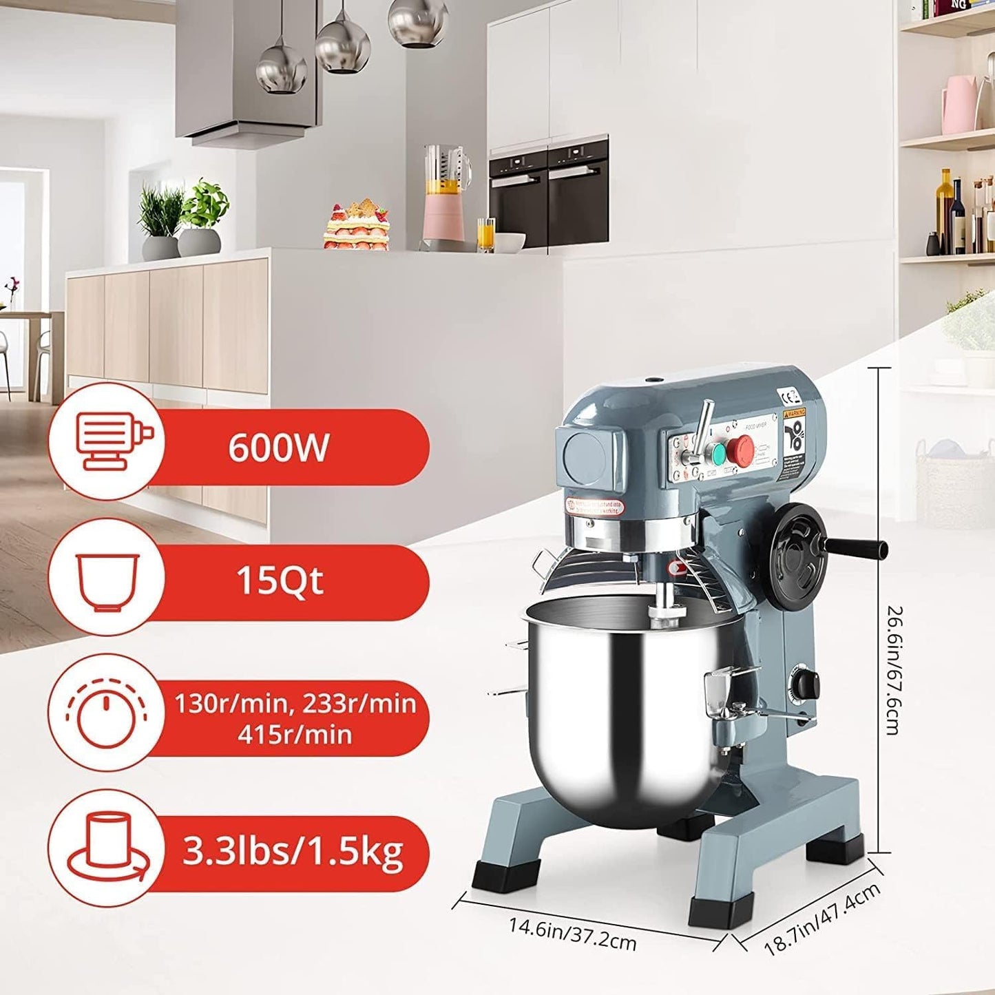 Towallmark Commercial Dough Mixer 15QT, 600W Electric Dough Kneading Machine with Safety Shield, 3 Adjustable Speed, Hooks Whisk Beater Included for Restaurant, Bakeries, Pizzeria