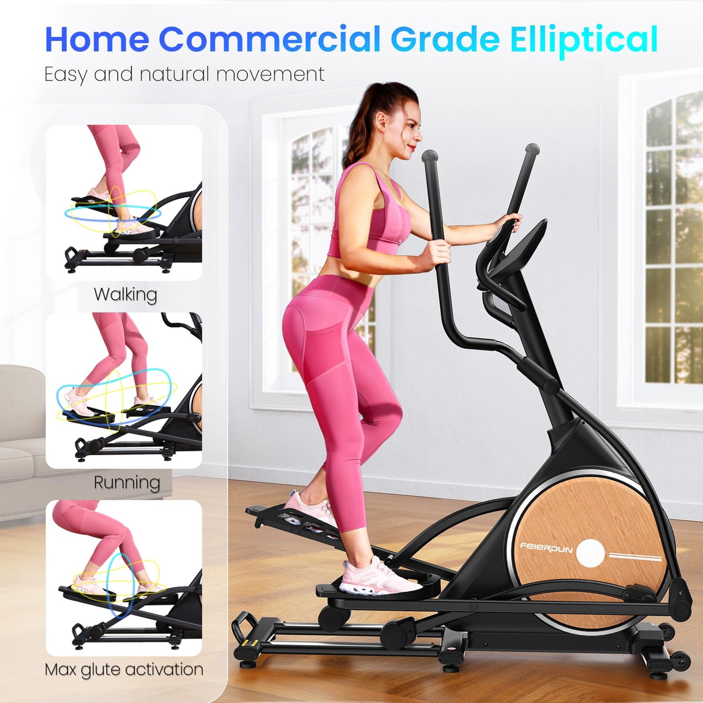 FEIERDUN Elliptical Machine, Cross Trainer for Home Use with Hyper-Quiet Electromagnetic Front Driving System, 32 Resistance Levels, 20IN Stride, 400LBS Weight Capacity, Black