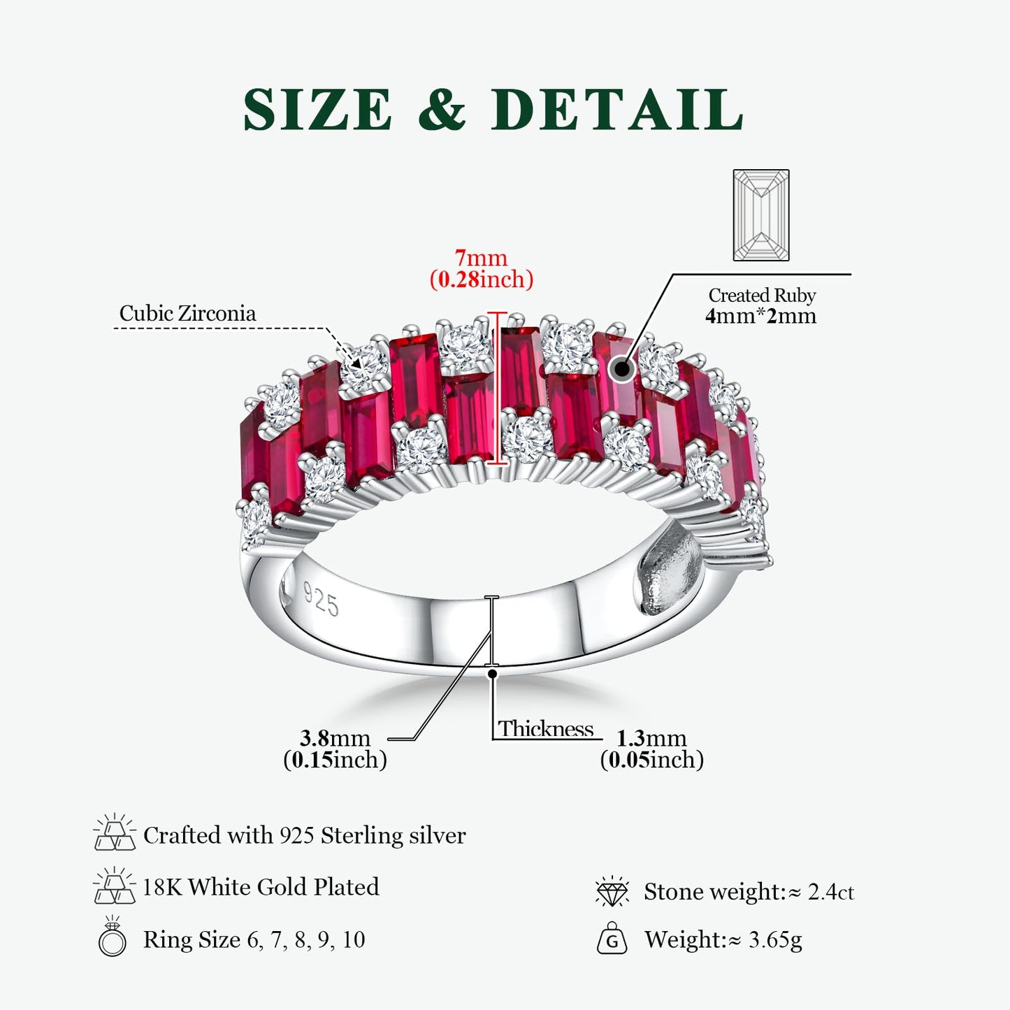 RANDES Ruby Eternity Band 925 Sterling Silver Emerald Cut Wedding Band 3ct Created Red Stone Half Eternity Rings for Women Size 9