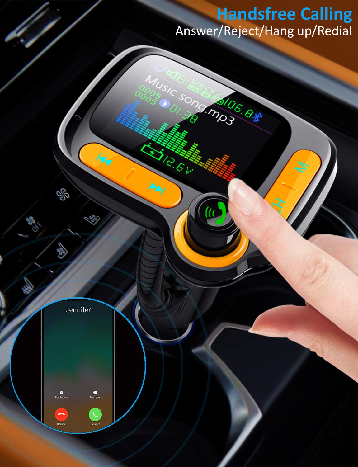 TSNAM Bluetooth FM Transmitter Car Adapter,Support Wireless Handsfree Call and MP3 Music/APP Audio Play,1.8" Color Screen,3 USB Charger,3.5mm AUX Port,Compatible with iPhone,iPad,Samsung and More