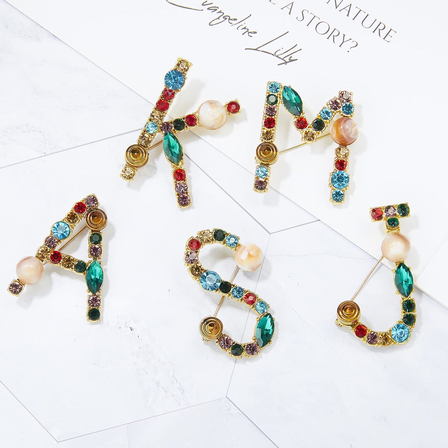 RINHOO Crystal Pearl Initial Brooch Gold Plated Enamel Colorful Letter Alphabet Breastpin Pin Jewelry for GIFTS (Gold E)