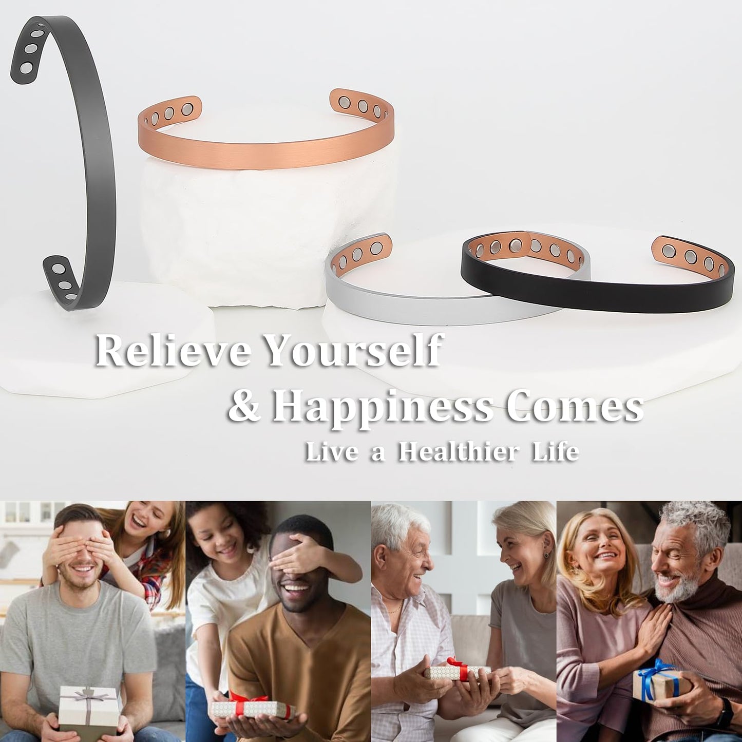 MagEnergy Copper Bracelet for Men and Women, 99.9% Pure Copper Magnetic Bangle with 8pcs 3500 Gauss Magnets, Adjustable Jewelry Gift (Black / 6.8 Inches)