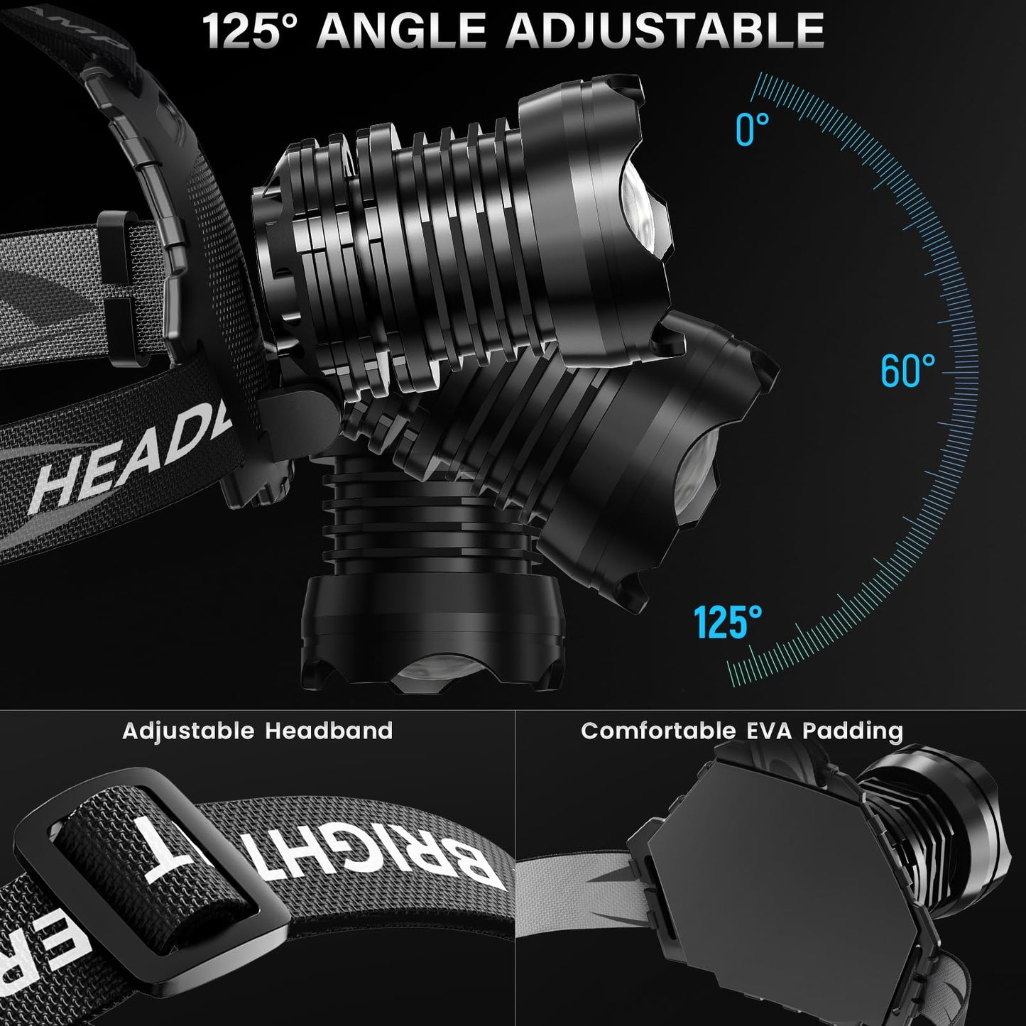 AKNEAR Rechargeable LED Headlamp Super Bright, 99000 High Lumens Head Lamp Zoomable, 25Dys+ Runtime & 12 Mode & Lightweight Comfort & 125ยฐ Adjustable IPX-7 Waterproof Head Light for Outdoor,Hardhat
