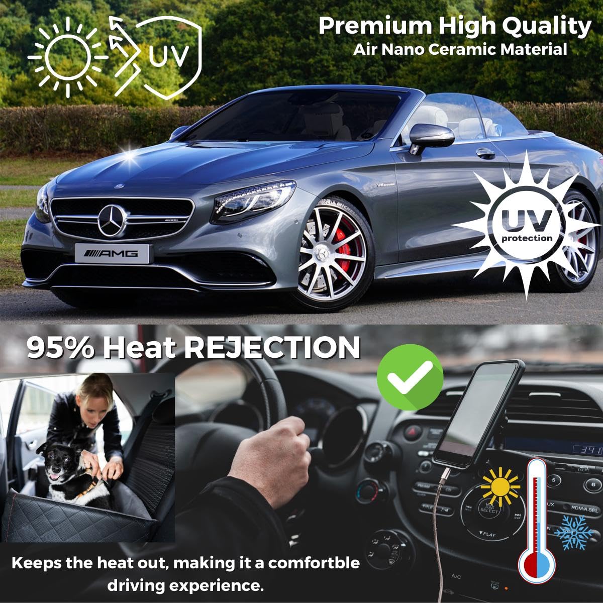 RockRose 70% Air Nano Ceramic Car Window Tint 40 in x 100FT 2PLY Charcoal Privacy Film Heat, UV 99%, and IRR 93% to 95% for Auto or Home Adhesive Film Easy Shrink, Plotter Friendly