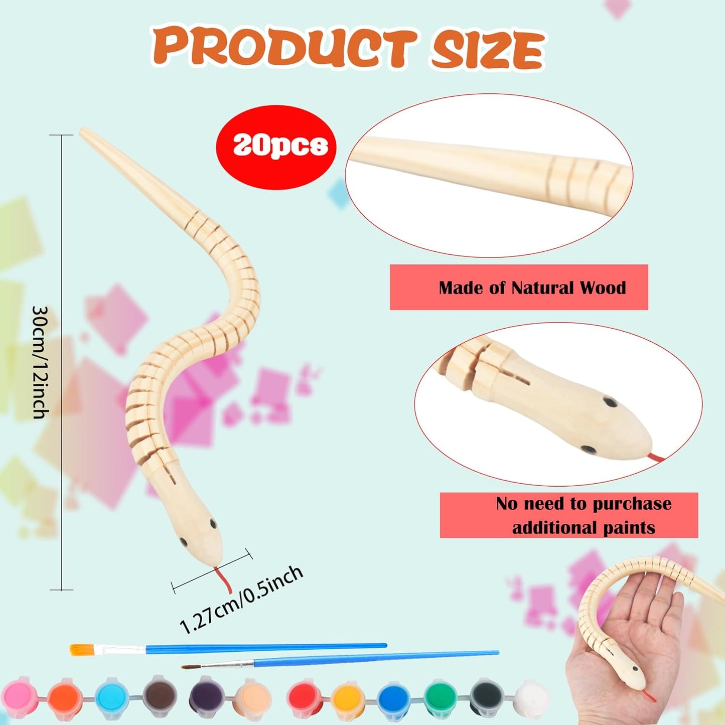 20 Pcs 12 Inch Unfinished Wooden Wiggly Snake Jointed Flexible Wood Snake with 12 Colors 3 ml Acrylic Paint and 2 Pcs Paint Brush for Birthday Halloween Party Supplies DIY Crafts