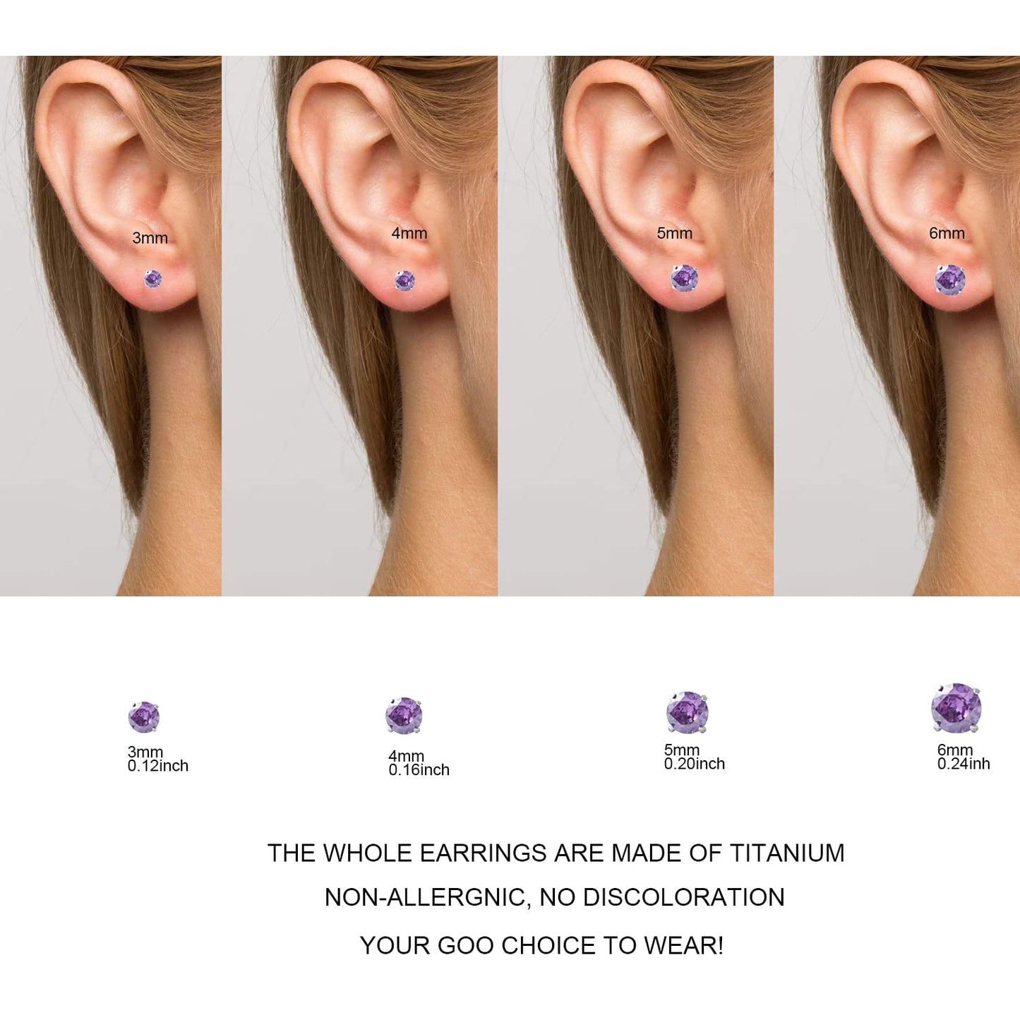 1 Pair Implant Grade Titanium Stud Earrings Set Hypoallergenic 3mm 4mm 5mm 6mm Cubic Zirconia G23 Titanium Earring Studs for Women Men for Sensitive Ear (4mm purple)
