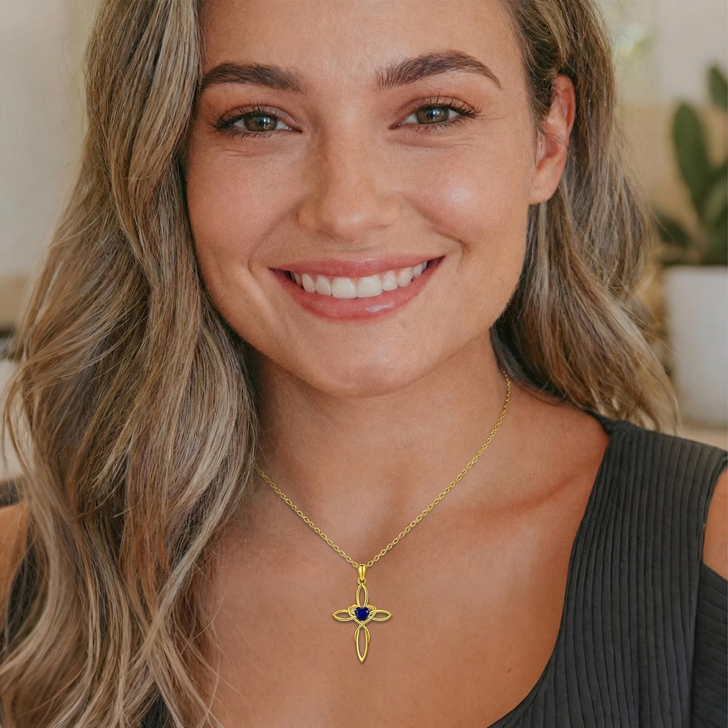 POIUY 14K Gold Celtic Knot Cross Birthstone Necklace for Women Irish Infinity Baptism Faith Heart Pendant Cross Jewelry Anniversary Valentines Birthday Mothers Day Gifts for Mom Wife Her