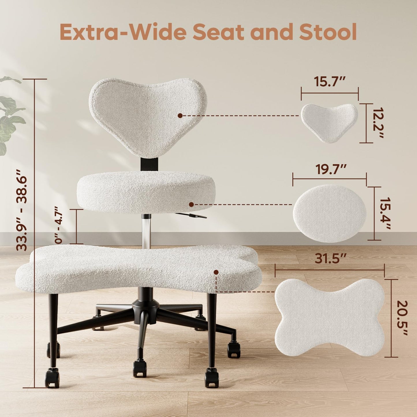 Pinmoco Ergonomic Cross Legged Chair, 360° Swivel Meditation Chair with Wheels, Height Adjustable Seat for ADHD, Strong Lumbar Support, Chic Home Office Furniture, Teddy Fabric, Off White