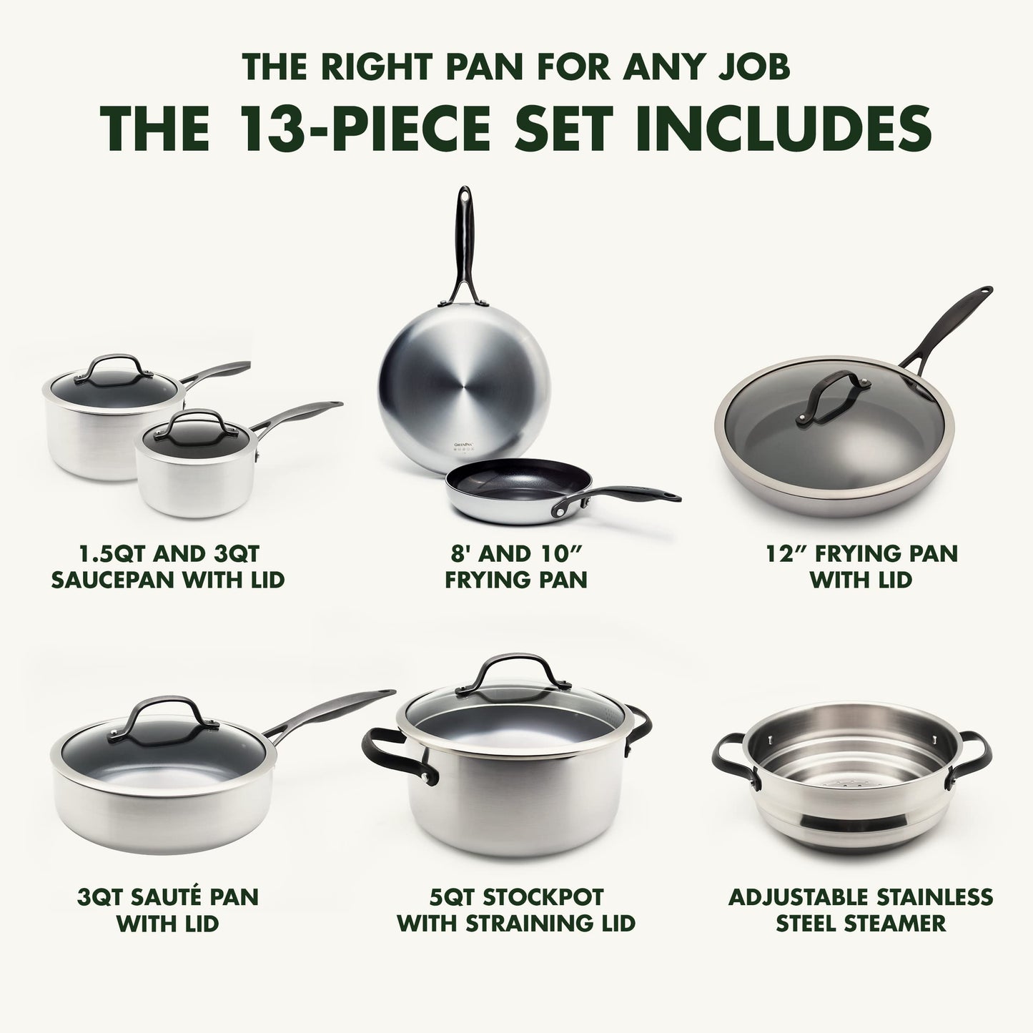 GreenPan Venice Pro Noir Tri-Ply Stainless Steel Healthy Ceramic Nonstick 13 Piece Cookware Pots and Pans Set, Matte Black Handle, PFAS-Free, Multi Clad, Induction, Dishwasher Safe, Oven Safe, Silver