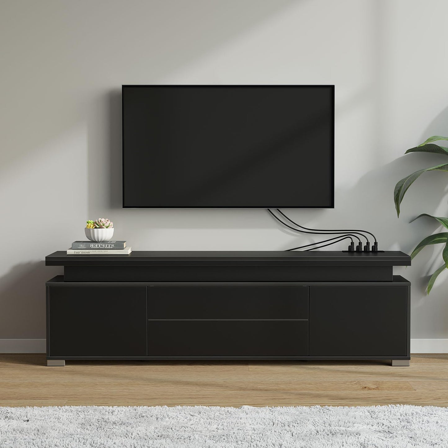 Rolanstar TV Stand with Power Outlet & LED Lights, Modern Entertainment Center for 32/43/50/55/65 Inchs TVs, TV Table, Universal Gaming LED TV Media Stand with Large Storage Cabinet, Black