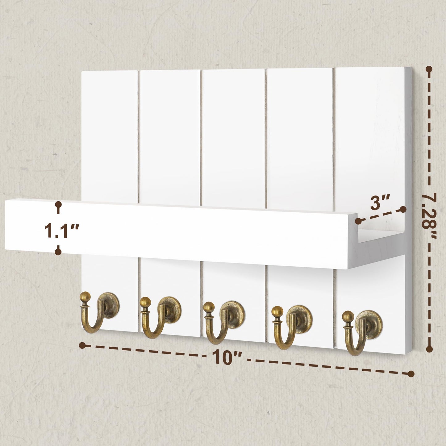 Rebee Vision Key Holder for Wall - Decorative Mail Organizer Wall Mount with 5 Key Hooks for Modern Farmhouse Apartment Essentials - Home Decor for Living Room (Rustic White, 3.54"D x 10"W x 7.28"H)
