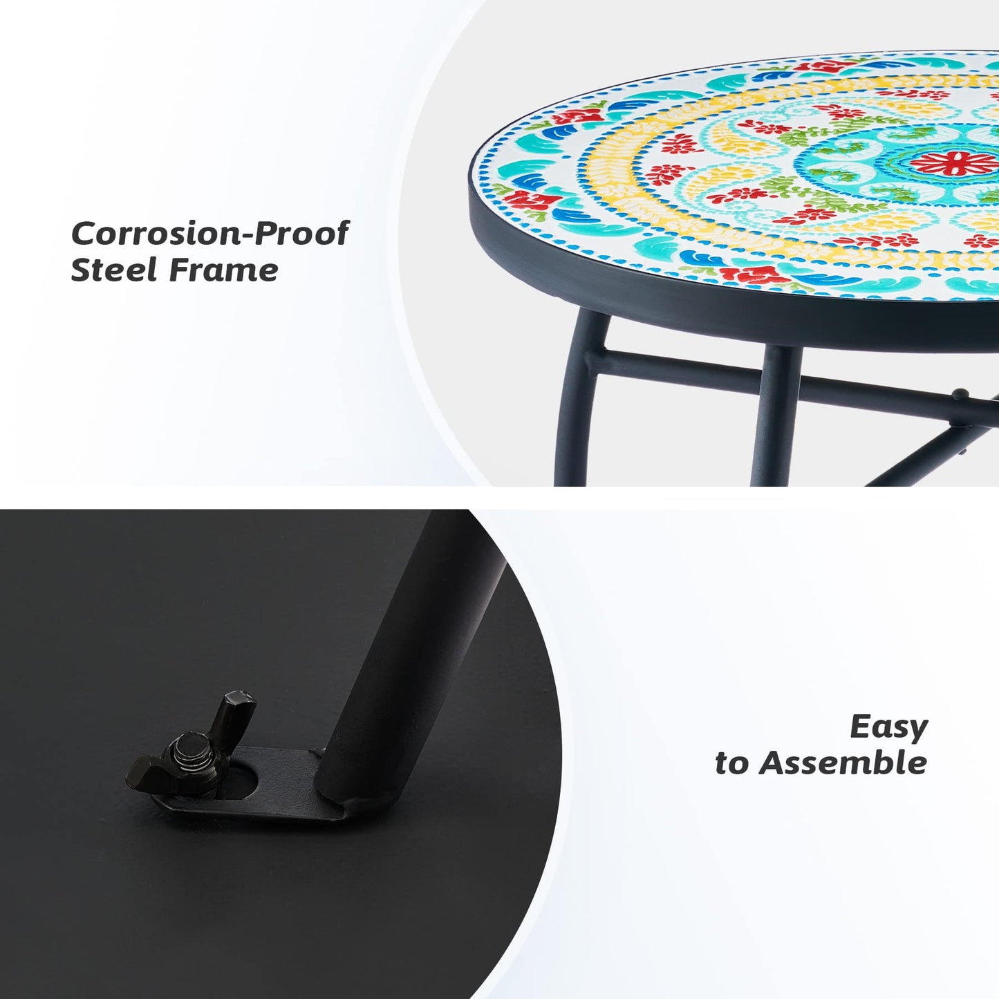 VONLUCE 21" Mosaic Plant Stand, 14 Inch Round Side Table with Ceramic Tile Top, Indoor and Outdoor Accent Table, Outdoor Patio Furniture, End Table for Garden Patio Living Room More, Floral