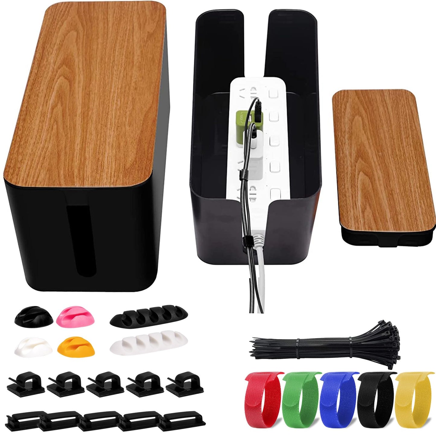 YUANYE Cable Management Box 2 Pack with 122 Cable Clips Set, Large Cord Organizer Box Hide Power Strip for Computer, Router, USB Hub and Under Desk Power Strip, Safe ABS Material Cord Management