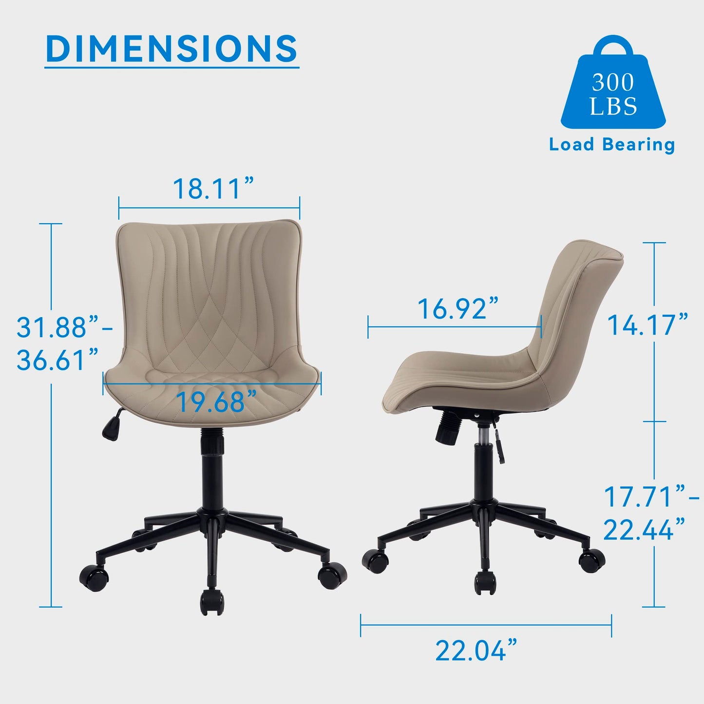 YOUNIKE Office Chair, Desk Chair with Wheels, Home Office Computer Task Chairs, Modern Faux Leather Padded Vanity Chair, Adjustable Swivel Armless Office Chairs with Back, Khaki