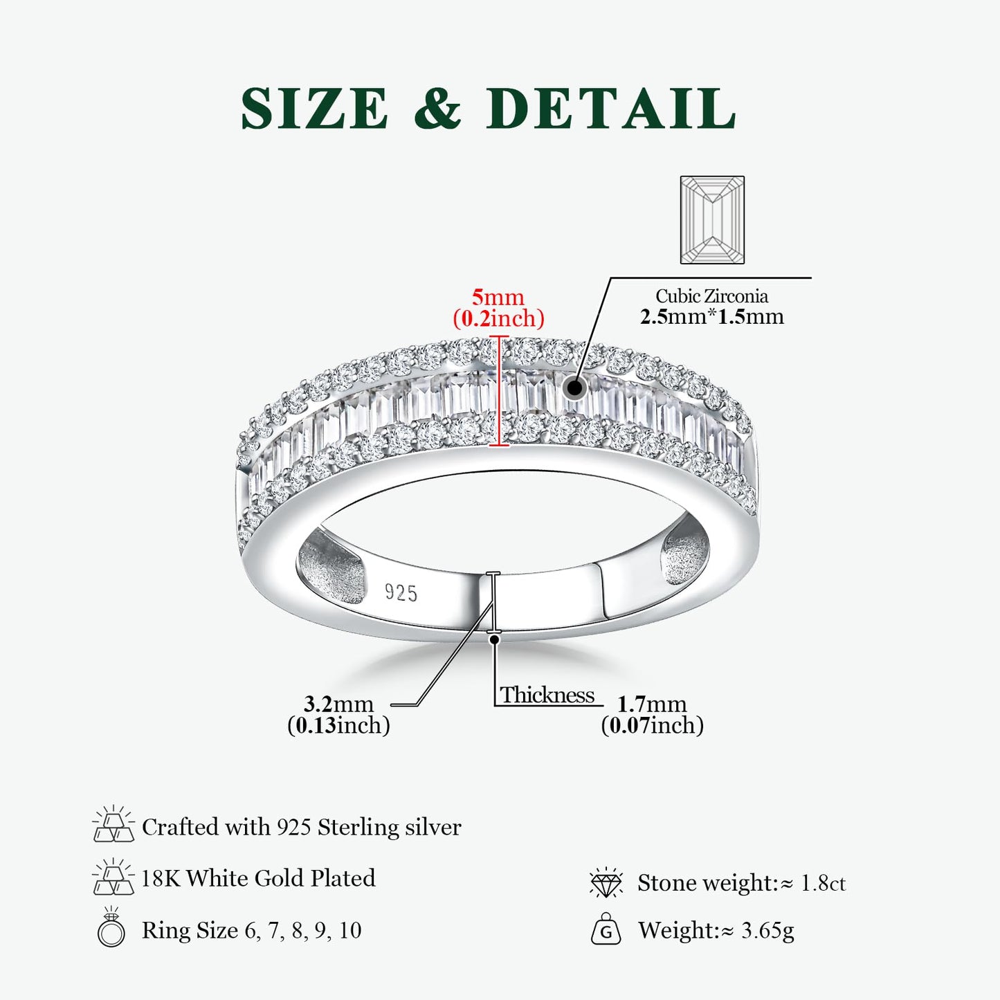 RANDES Cubic Zirconia Eternity Rings for Women Baguette Wedding Band 925 Sterling Silver Channel Set Lab Diamond Ring Size 6.5
