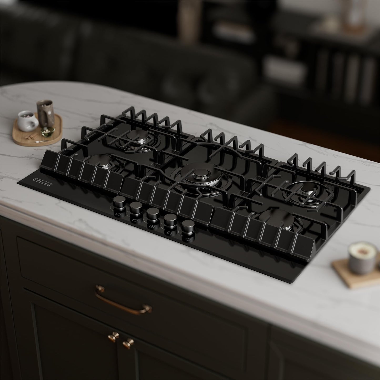 Empava 36 Inch Built-in Gas Cooktop with 5 Sealed SABAF Burners, Black Tempered Glass Surface, LPG/NG Convertible, Flame Failure Protection, Dishwasher Safe Grates