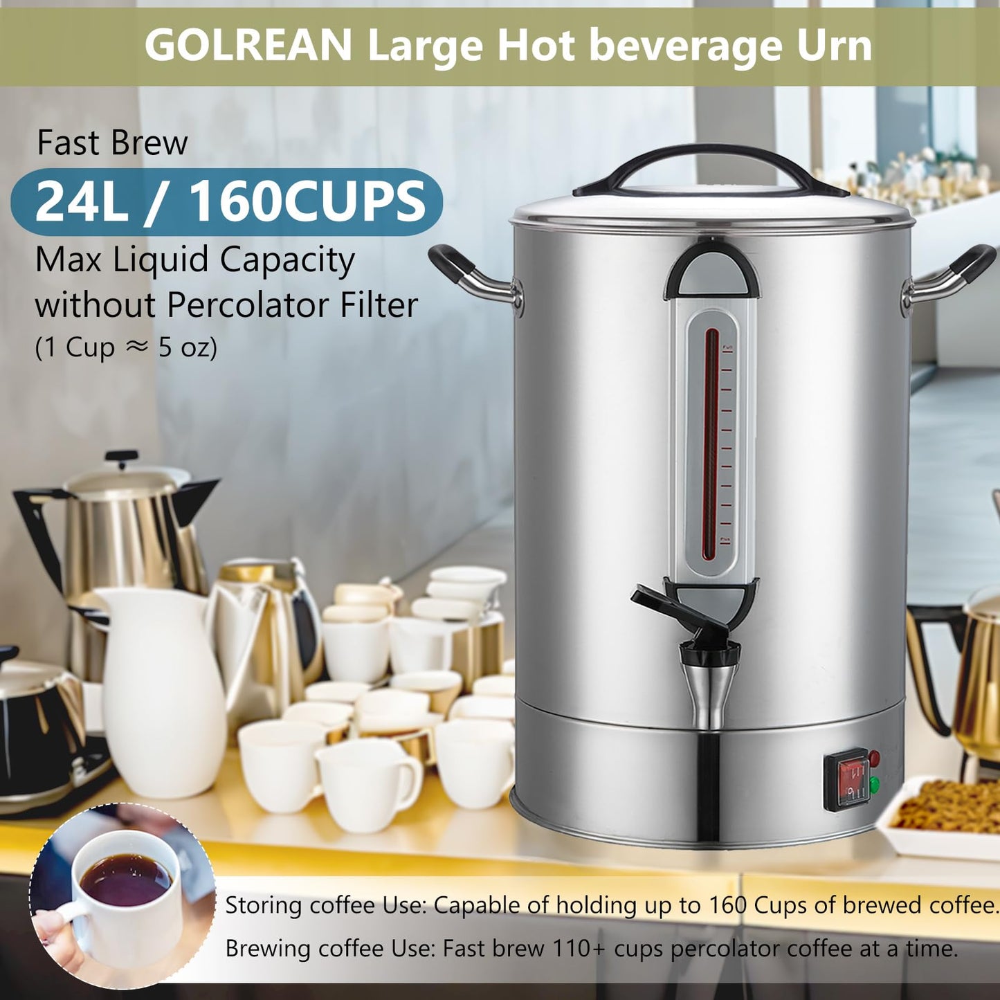 Commercial Coffee Urn 24L 160Cup Stainless Steel Quick Brew Hot Dispenser for Catering, Commercial Grade Large Capacity Coffee Maker For Meeting Rooms, Church, School, Stainless Steel