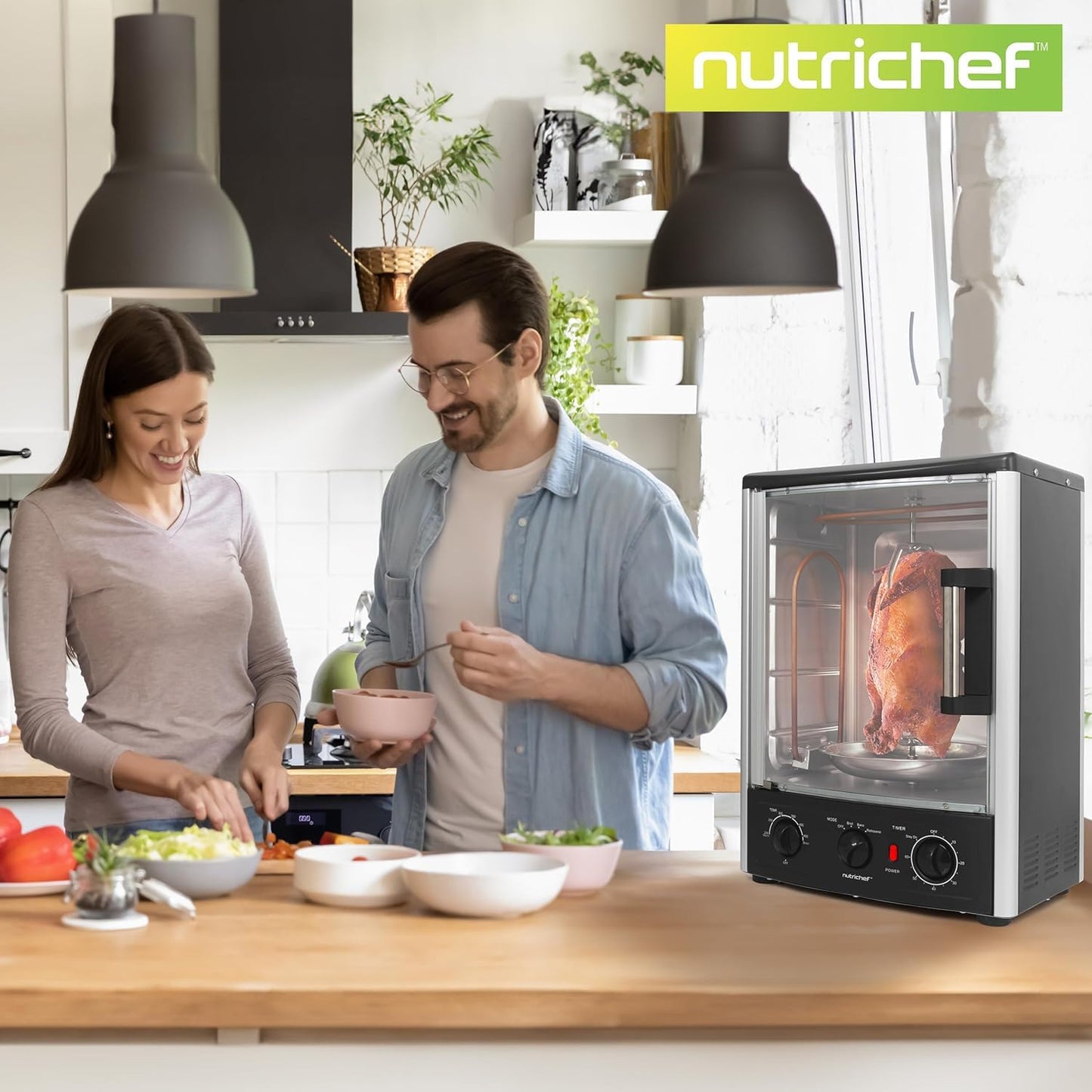 Nutrichef Vertical Countertop Oven with Rotisserie, Bake, Broil, & Kebab Rack Functions - Adjustable Settings - 2 Shelves - 1500W - Thanksgiving Turkey - Includes Grill, Kebab skewer racks & bake pan