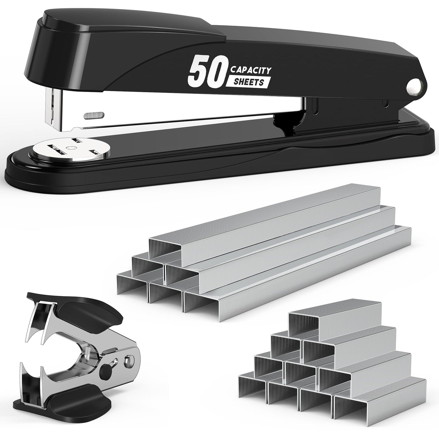 Metal Stapler Heavy Duty 50 Sheet Capacity with 1750 Staples and Staple Remover, Full Strip Staplers for Desk, No Jam, Non-Slip for Office & Classroom, Black
