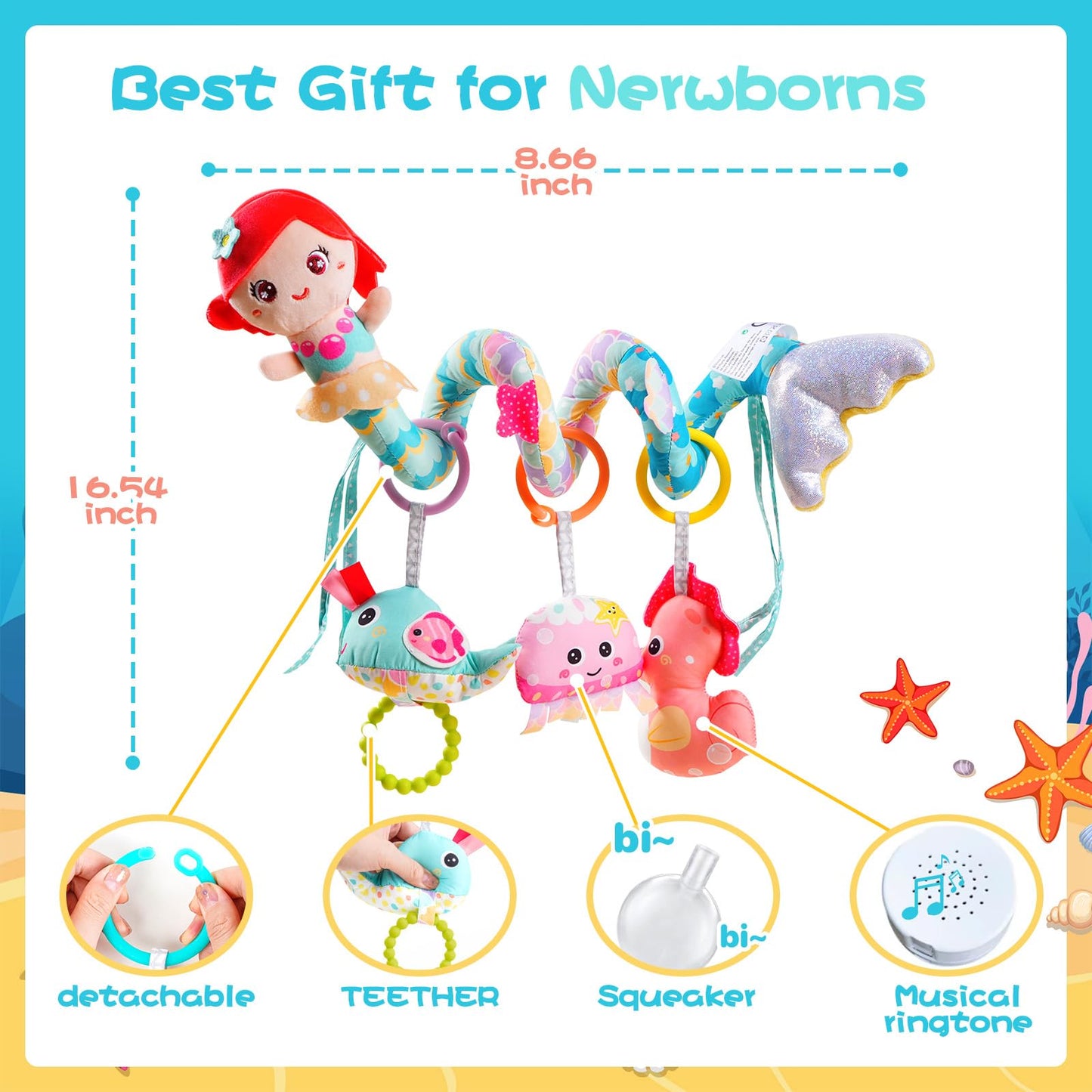 Koty Carseat Toys Hanging, Blue Mermaid Stroller Toys for Babies 0-6 Months, Baby Car Seat Toy with Crinkle, Teether, Music Box, Rattle, BB Squeaker for Babies Boys Girls Gifts (Blue Mermaid)