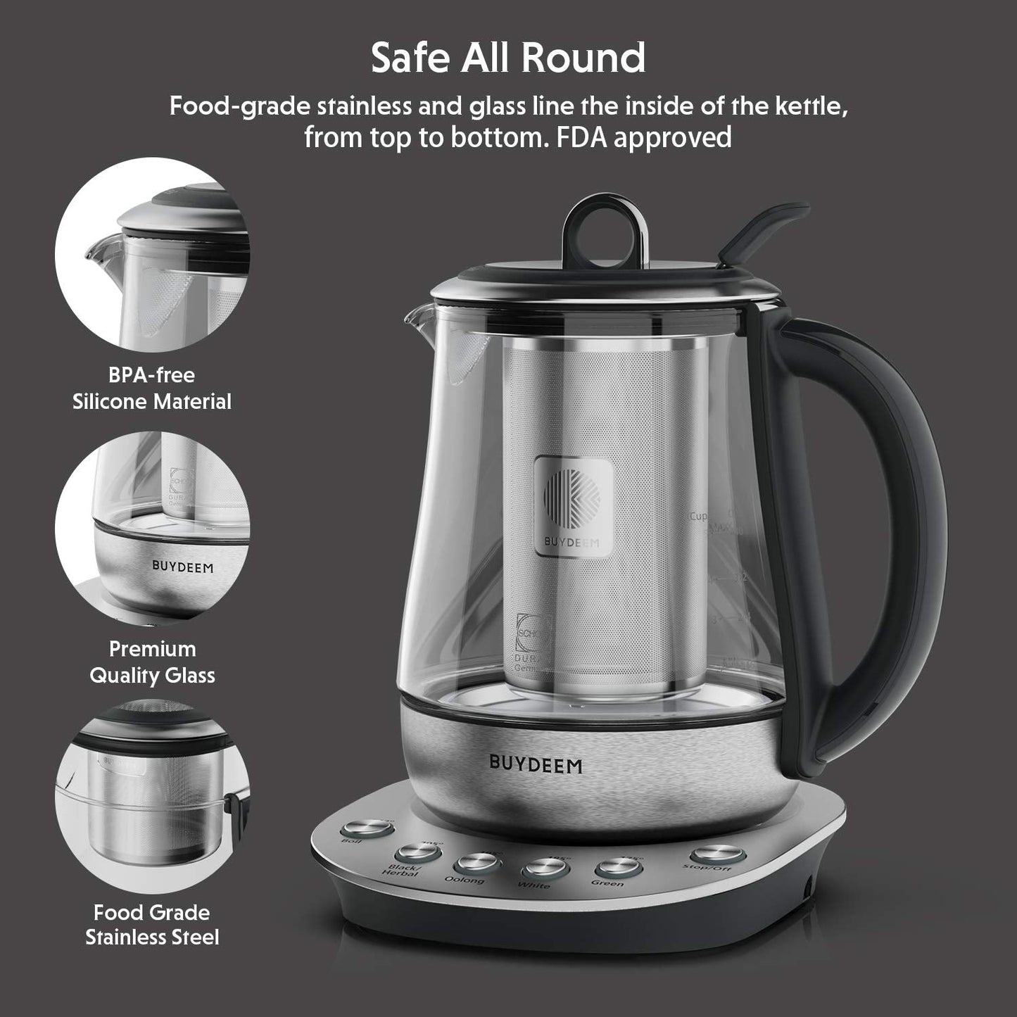 BUYDEEM K2423 Tea Maker, 316 Stainless Steel & Heat Resistant DURAN Glass Electric Kettle, Removable Infuser, Auto Keep Warm, 1.2L