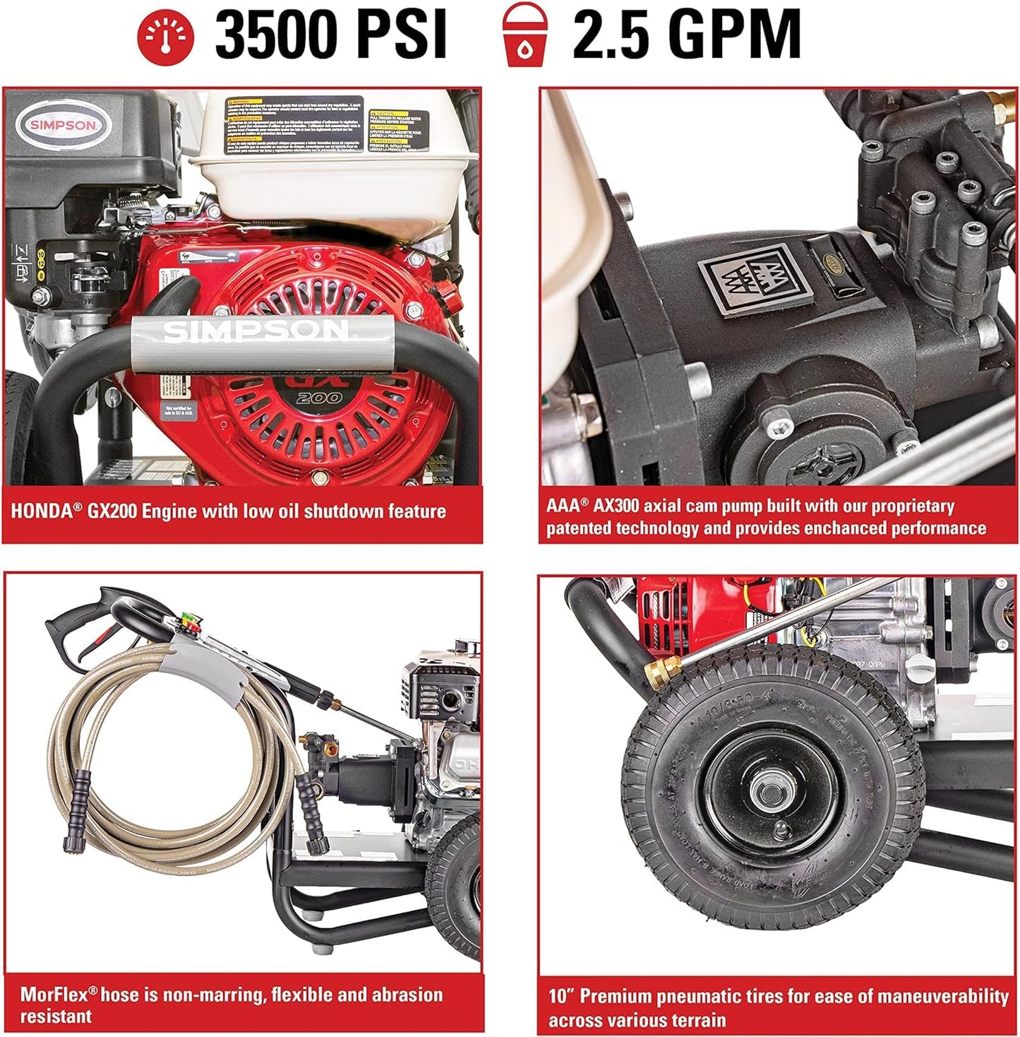 Simpson 61014 3500 PSI at 2.5 GPM Honda GX200 with AAA AX300 Axial Cam Pump Cold Water Professional Gas Pressure Washer PS61002-S