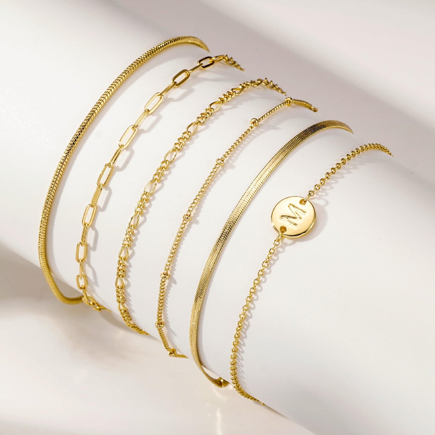 Lydow Bracelets for Women, Stack Jewelry Set Initial M Chain Stackable Letter Teen Accessories Pulseras Para Mujer 6 Inch 6PCS