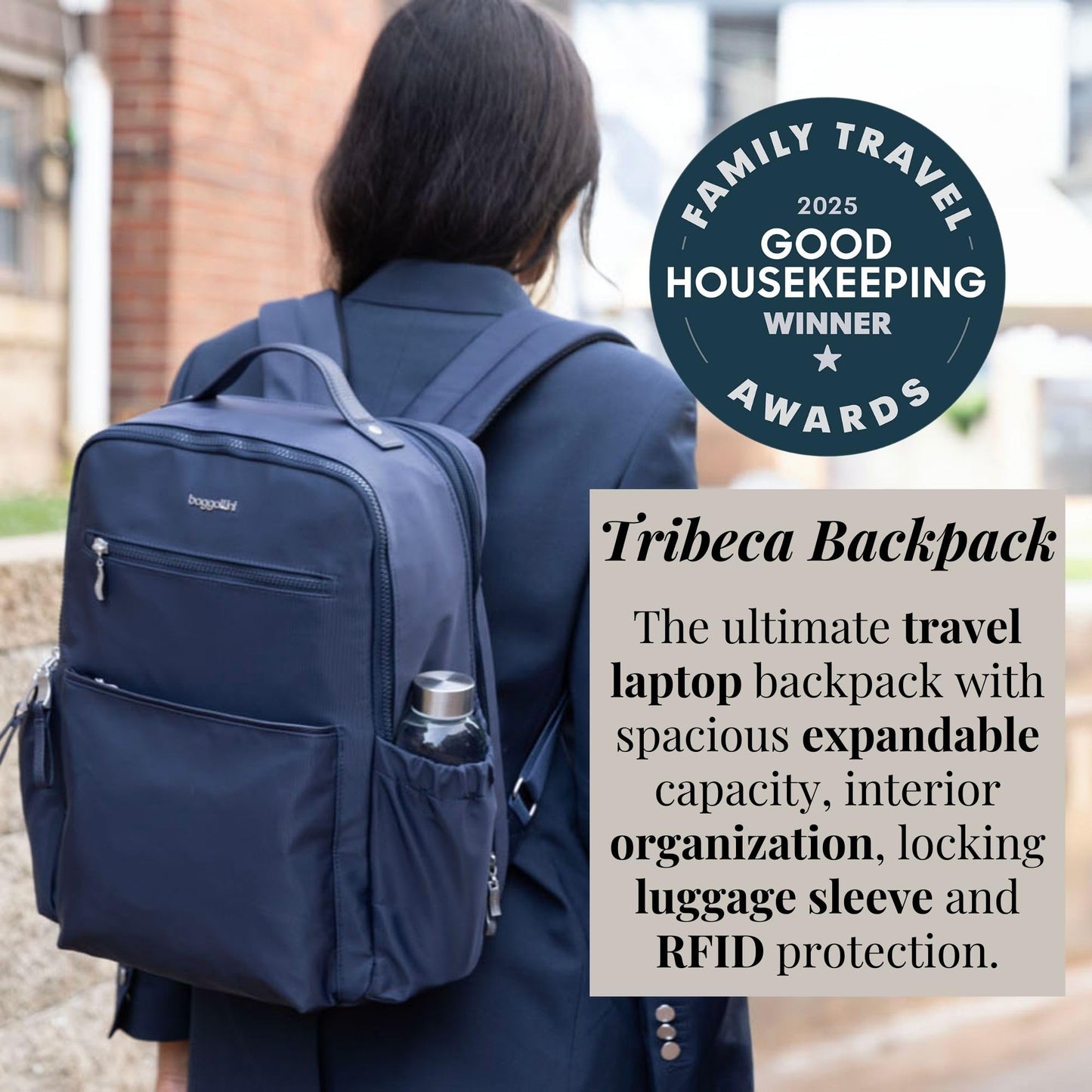 Baggallini Tribeca Expandable Laptop Backpack - 15"x11" Lightweight RFID Computer Bag for Work & Travel with Luggage Sleeve
