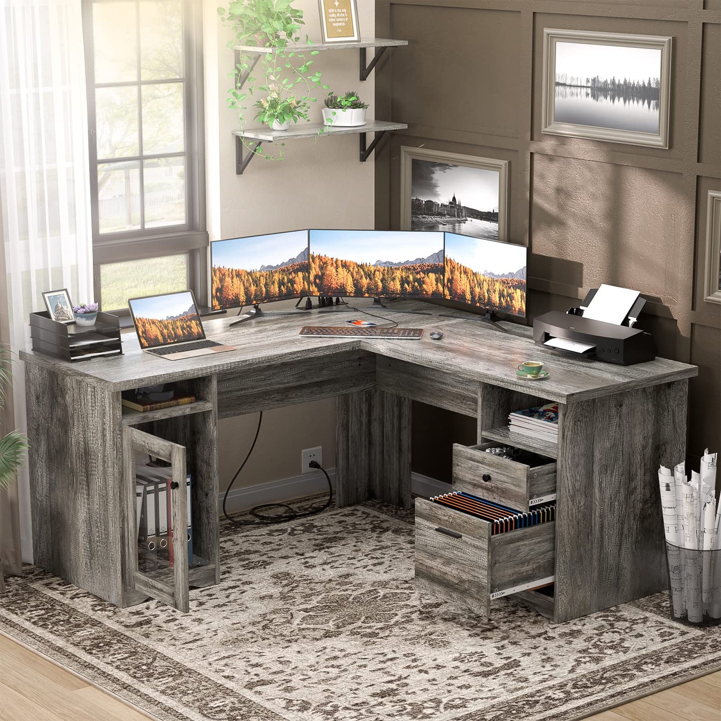 Unikito L Shaped Desk with Drawers, 60 Inch Corner Computer Desks with USB Charging Port and Power Outlet, Large 2 Person Home Office Table with File Cabinet, Black Oak
