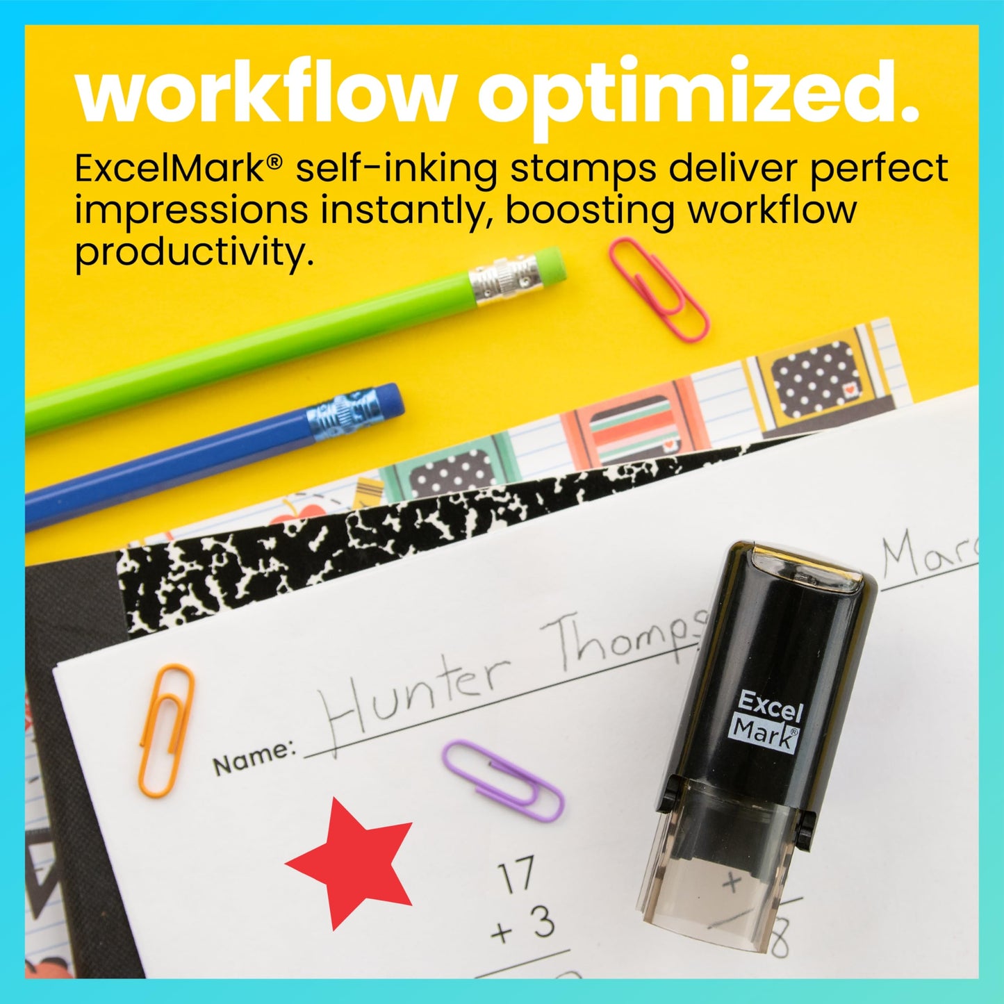 ExcelMark Round Teacher Stamp - Solid Star - RED Ink