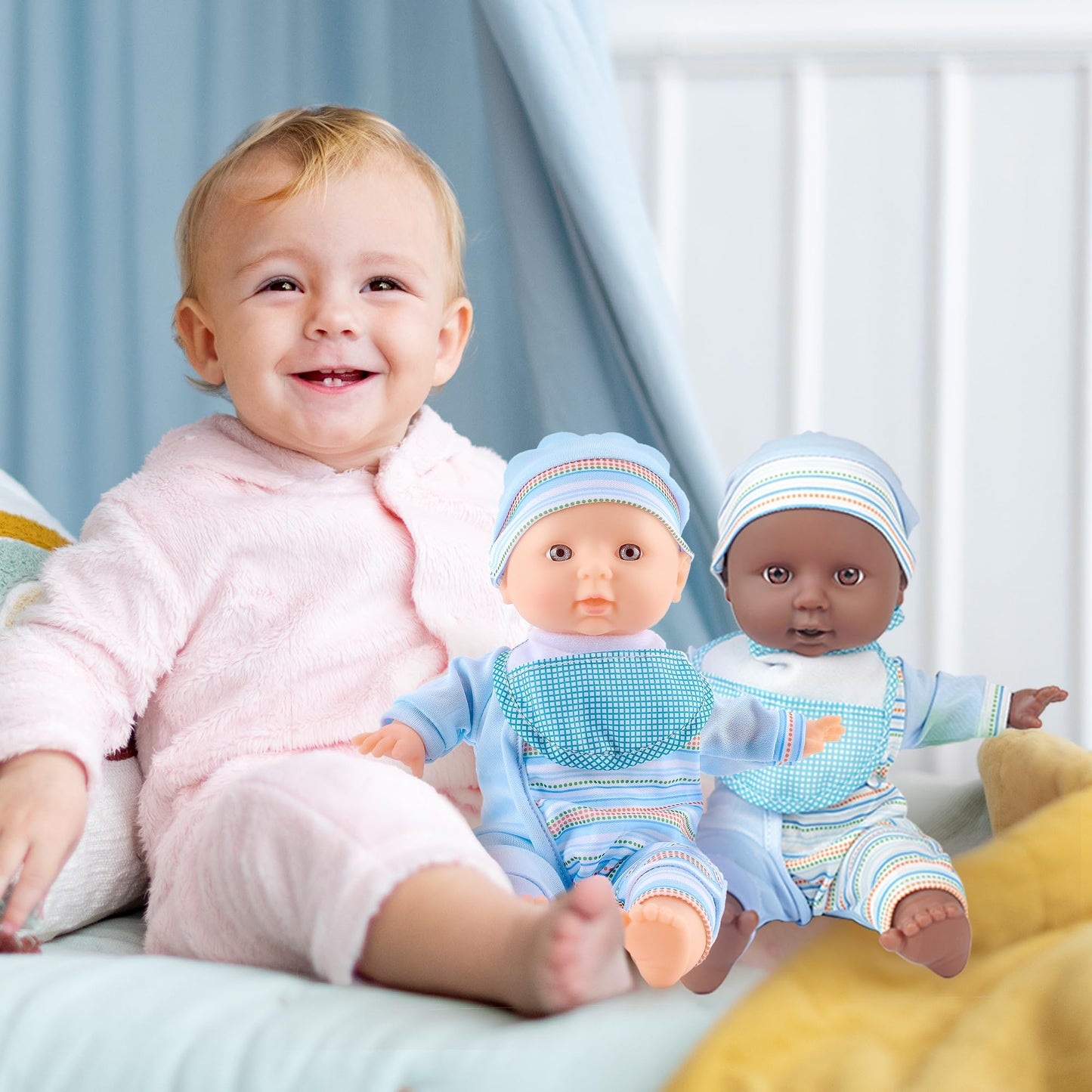 Toy Choi's Twin Baby Dolls - 12 inch Two Soft Body Black and White Doll with Accessoires, Dolls Play Set for 2 3 4 5 Year Old Boys and Girls Gift | Blue Outfit Doll Set