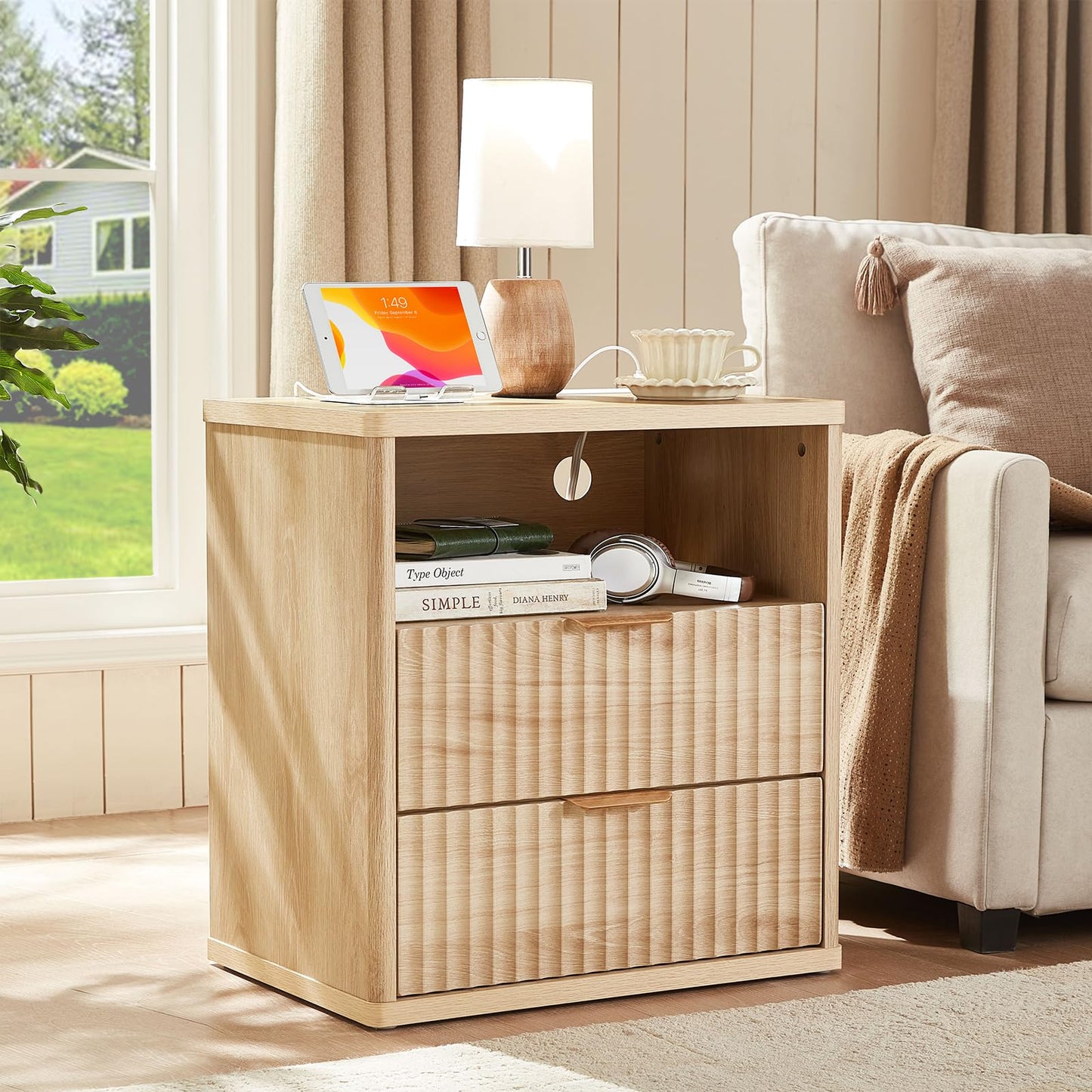 LEYAOYAO Fluted Farmhouse Nightstand Set of 2 with Charging Station, 23" Wide 2 Drawers End Table,Natural Dresser for Bedroom,Bed Side Table Chest of Drawers Cabinet,Wood Night Stand for Living Room