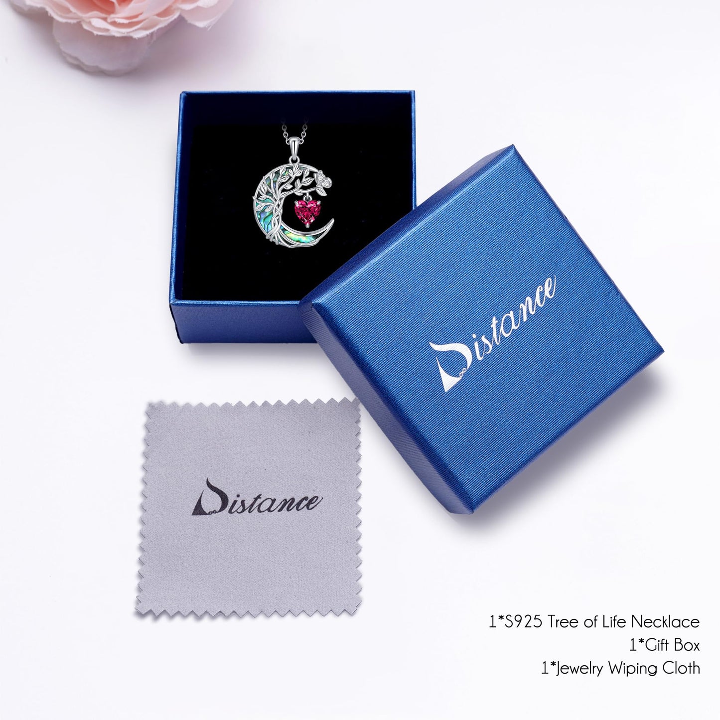 Distance Tree of Life Birthstone Necklace for Women, S925 Sterling Silver Premium Abalone Shell Moon Pendant July Heart Birthstone Necklace, Ruby Jewelry Christmas Birthday Gifts for Her Mom Wife