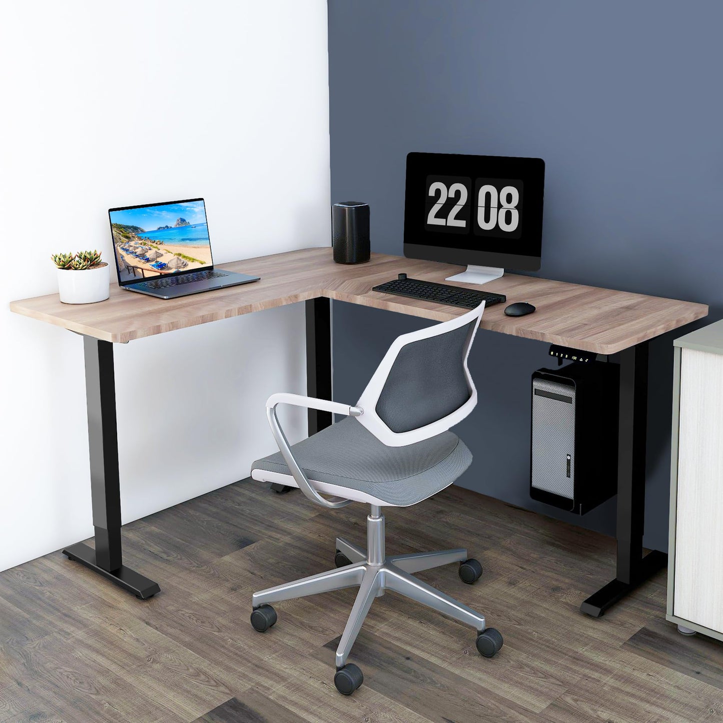 Fromann Adjustable 3 Legs Standing Desk Frame Base Electric Corner Sit-Stand Desk for Home and Office (Black)
