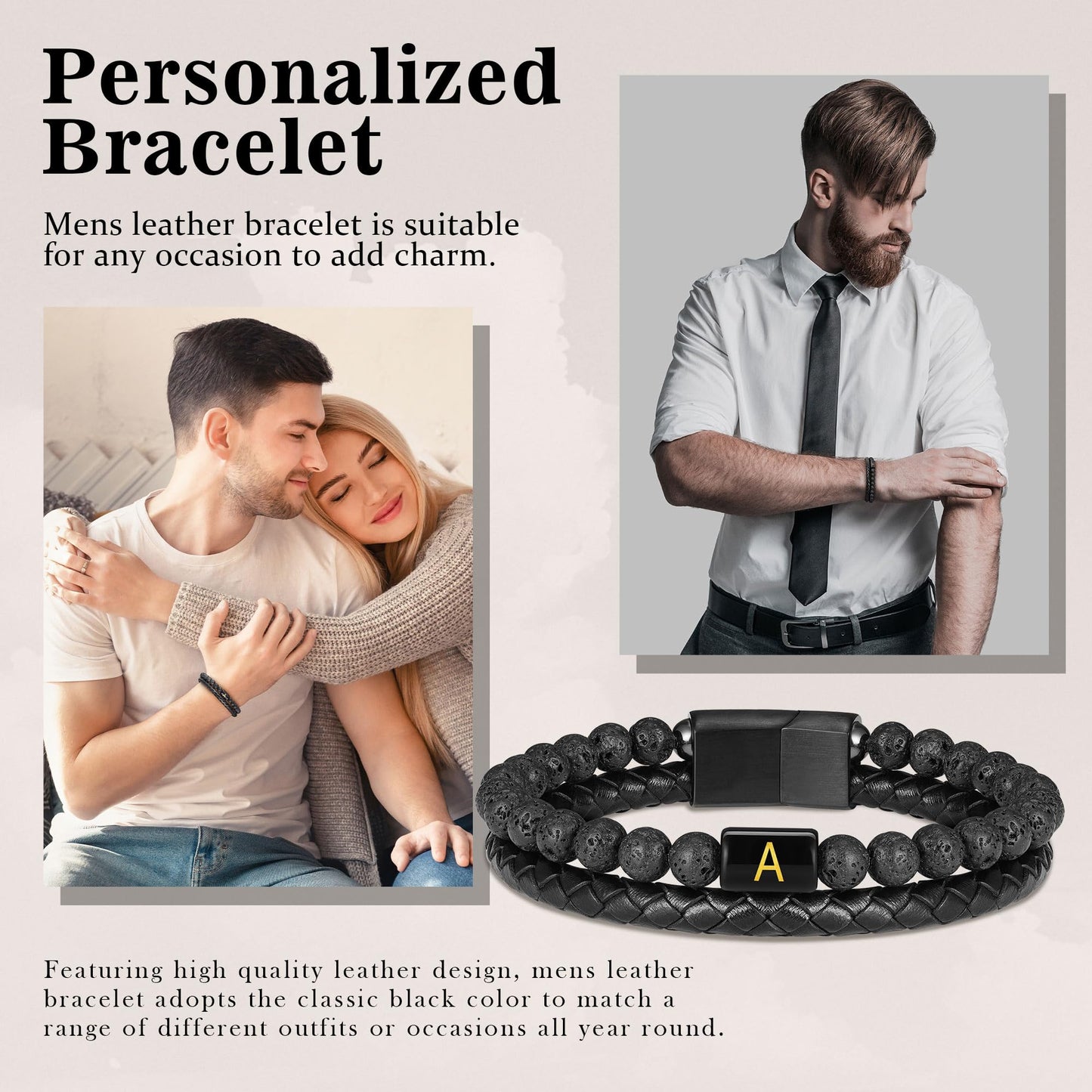 Bracelets for Men - Men Gifts Lava Rock Bead Magnetic Clasp Black Mens Leather Bracelet with Initial Black Mens Leather Bracelets Initial H Bracelet for Men's Jewelry Men's Gifts for Dad Husband Him